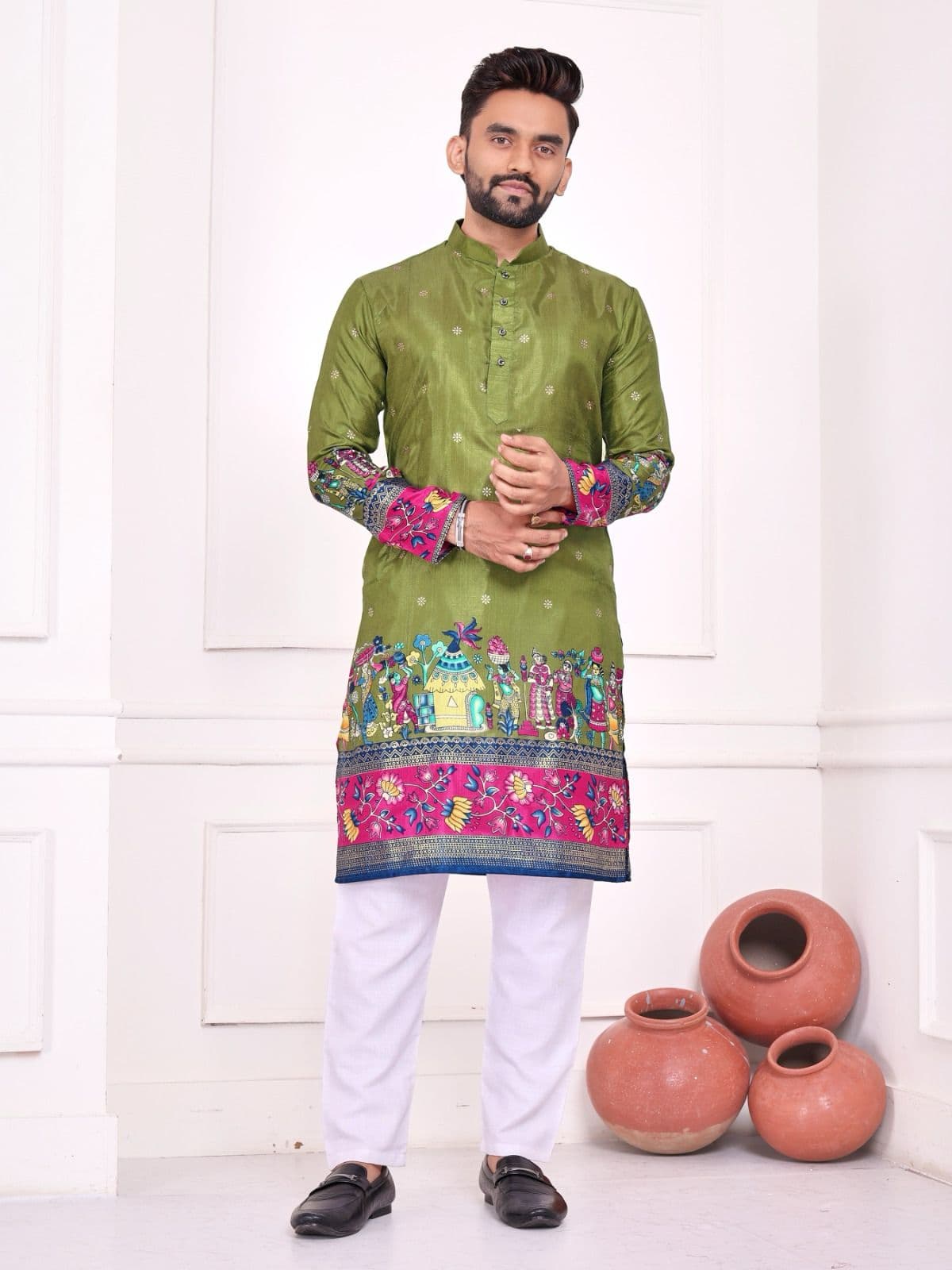Green Dola Silk Couple Combo Men Kurta & Women Lehenga Set