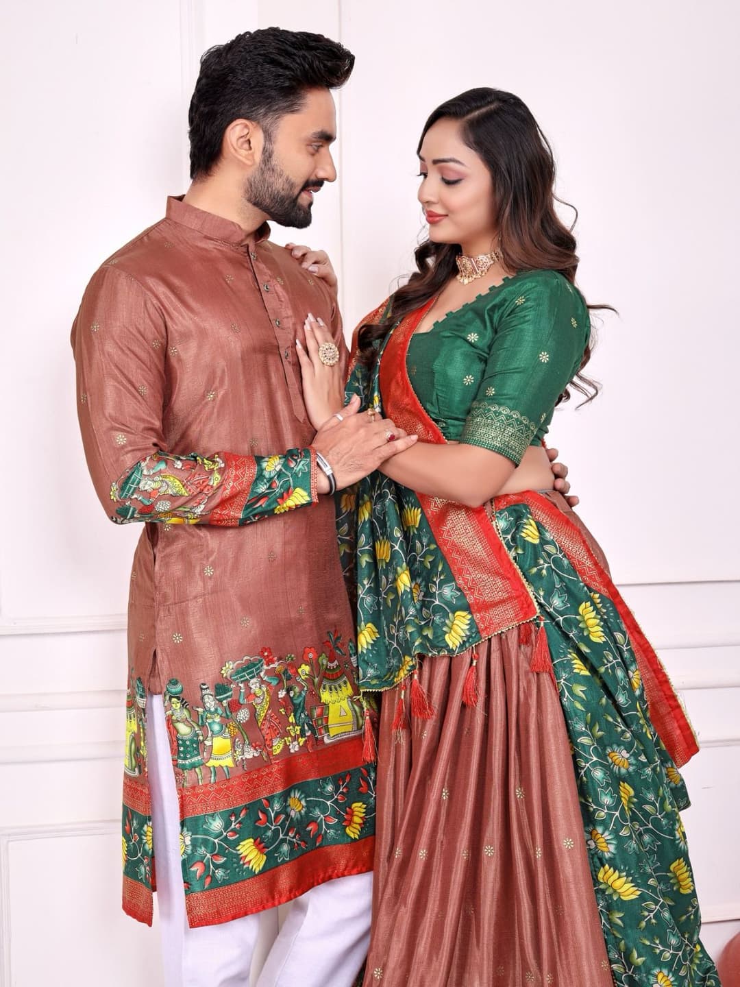Dusky Rose Dola Silk Couple Combo Men Kurta & Women Lehenga Set