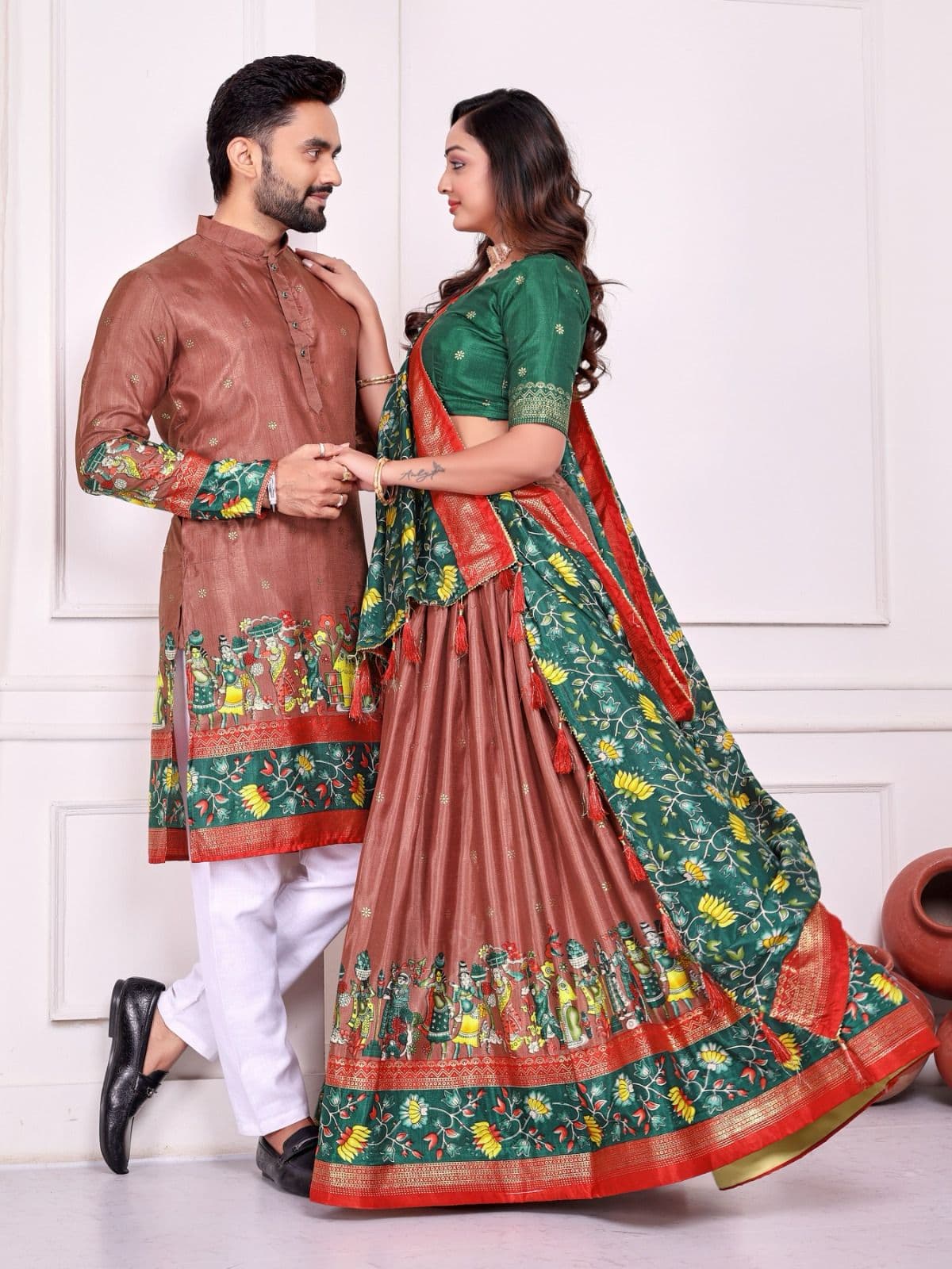 Dusky Rose Dola Silk Couple Combo Men Kurta & Women Lehenga Set