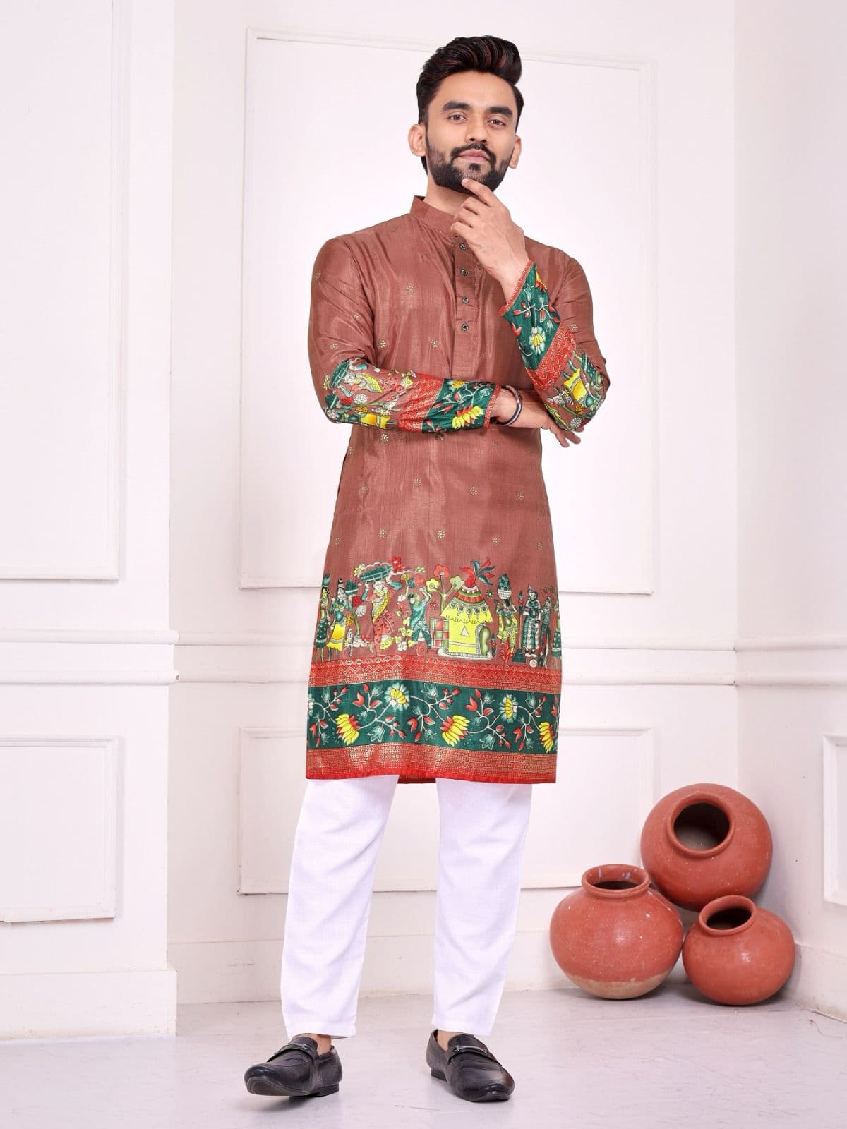 Dusky Rose Dola Silk Couple Combo Men Kurta & Women Lehenga Set