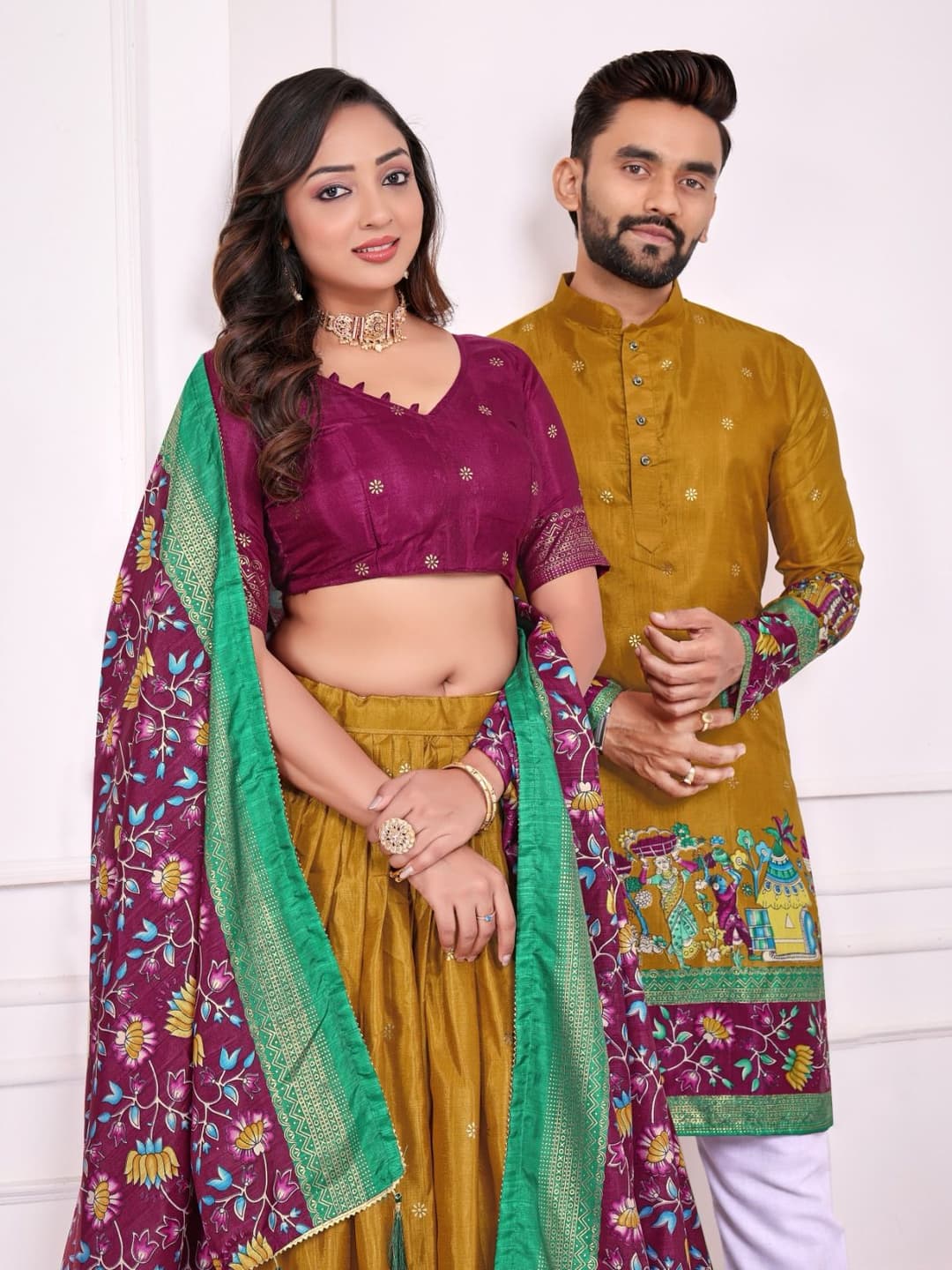 Gold Dola Silk Couple Combo Men Kurta & Women Lehenga Set