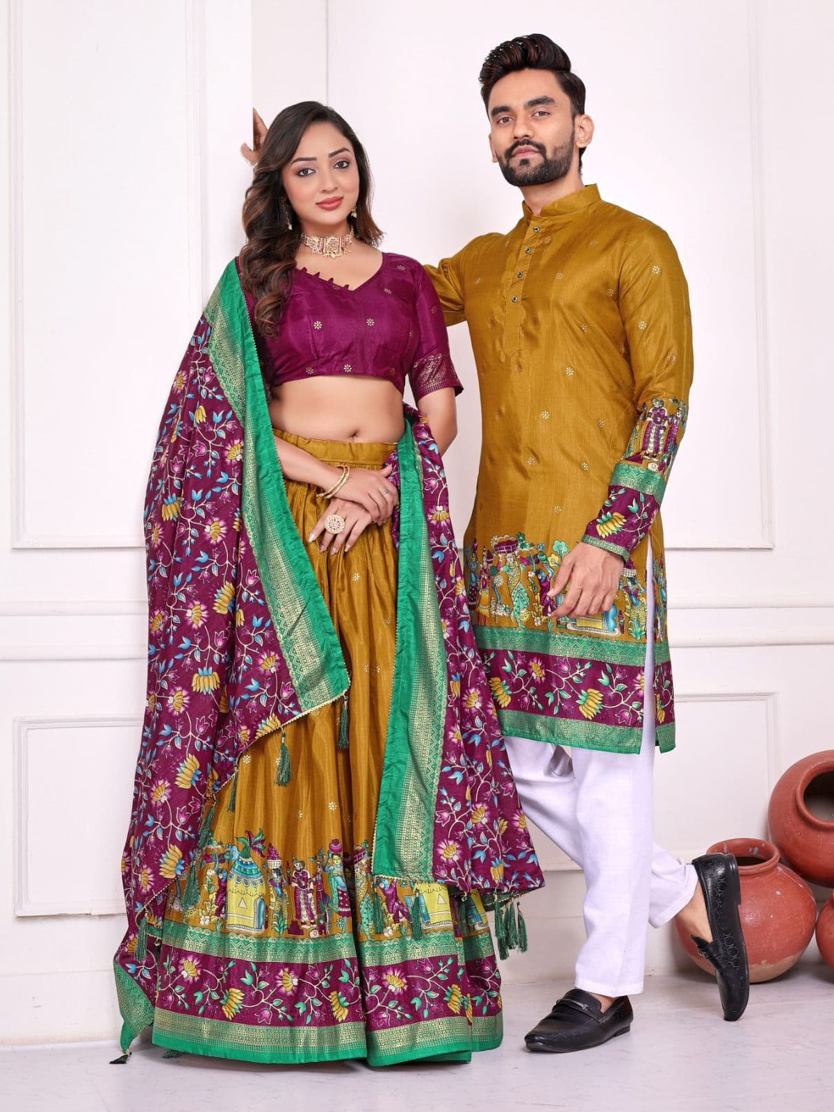 Gold Dola Silk Couple Combo Men Kurta & Women Lehenga Set