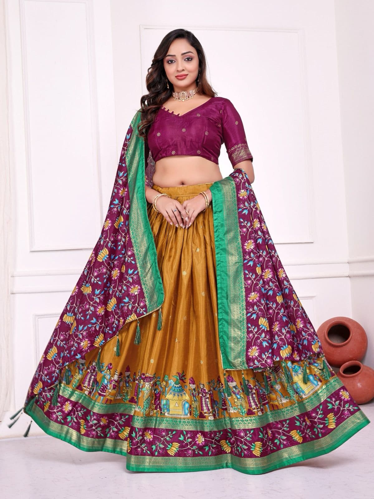 Gold Dola Silk Couple Combo Men Kurta & Women Lehenga Set