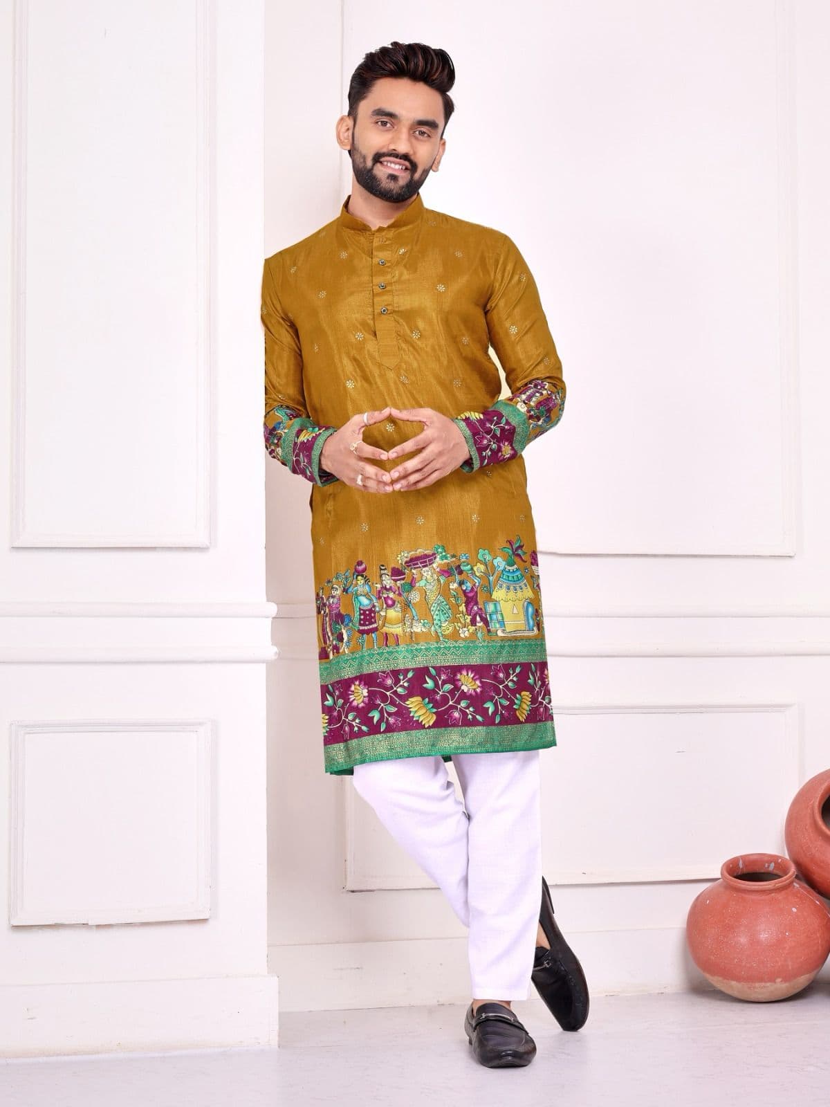 Gold Dola Silk Couple Combo Men Kurta & Women Lehenga Set