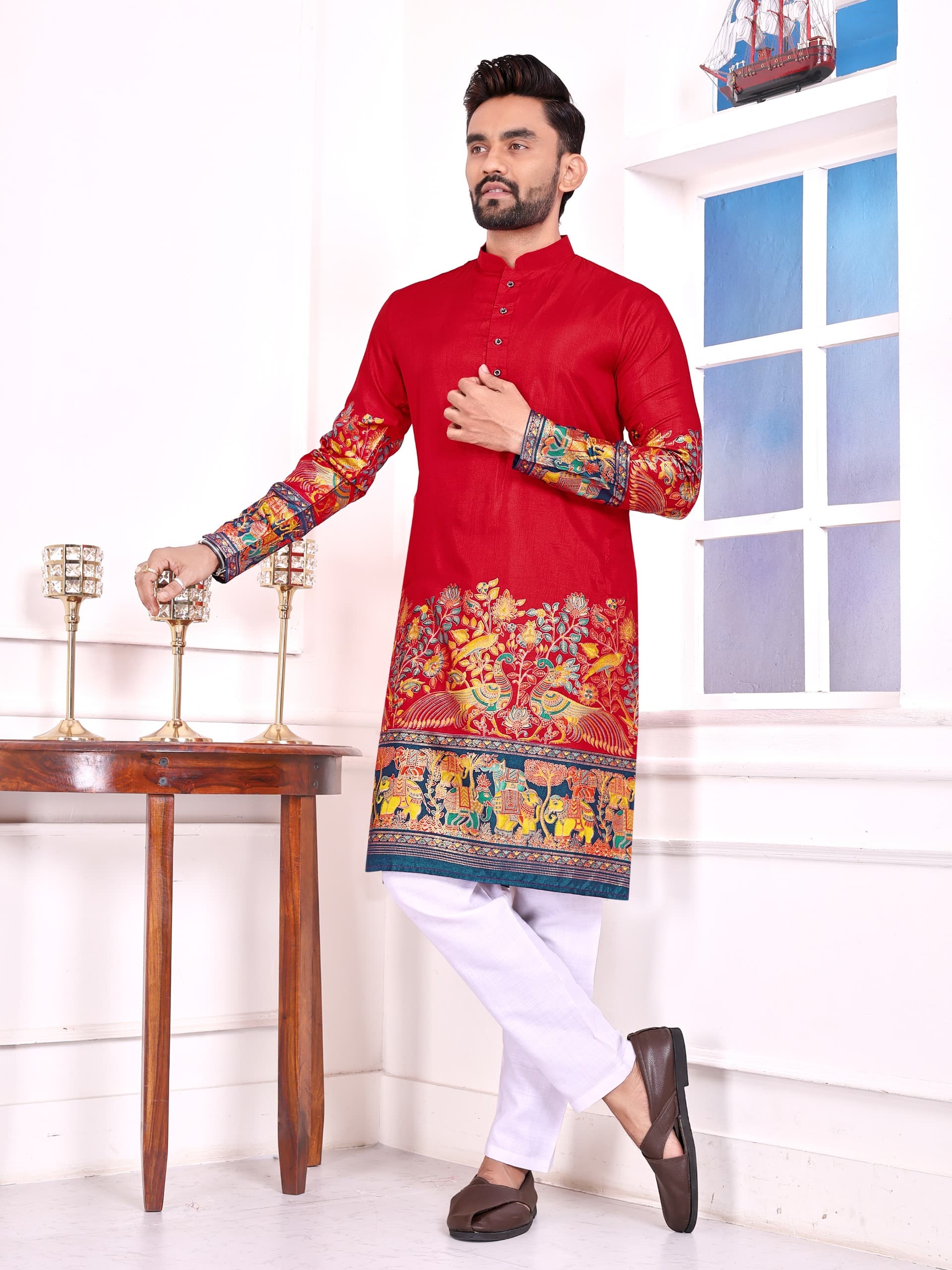 Premium Dola Silk Kurta Pajama in Red – Patola Foil Print
