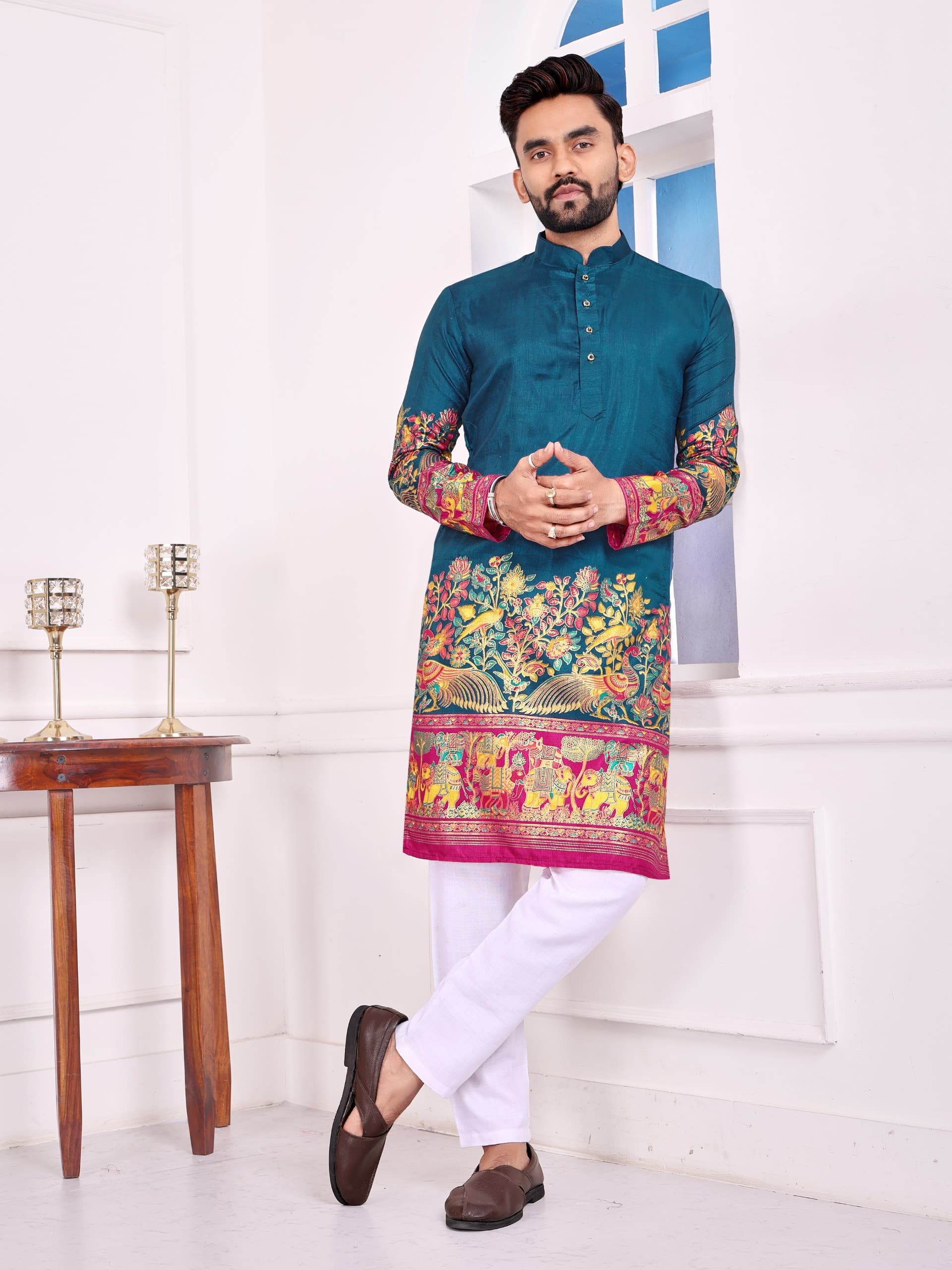 Premium Dola Silk Kurta Pajama in Navy Blue – Patola Foil Print