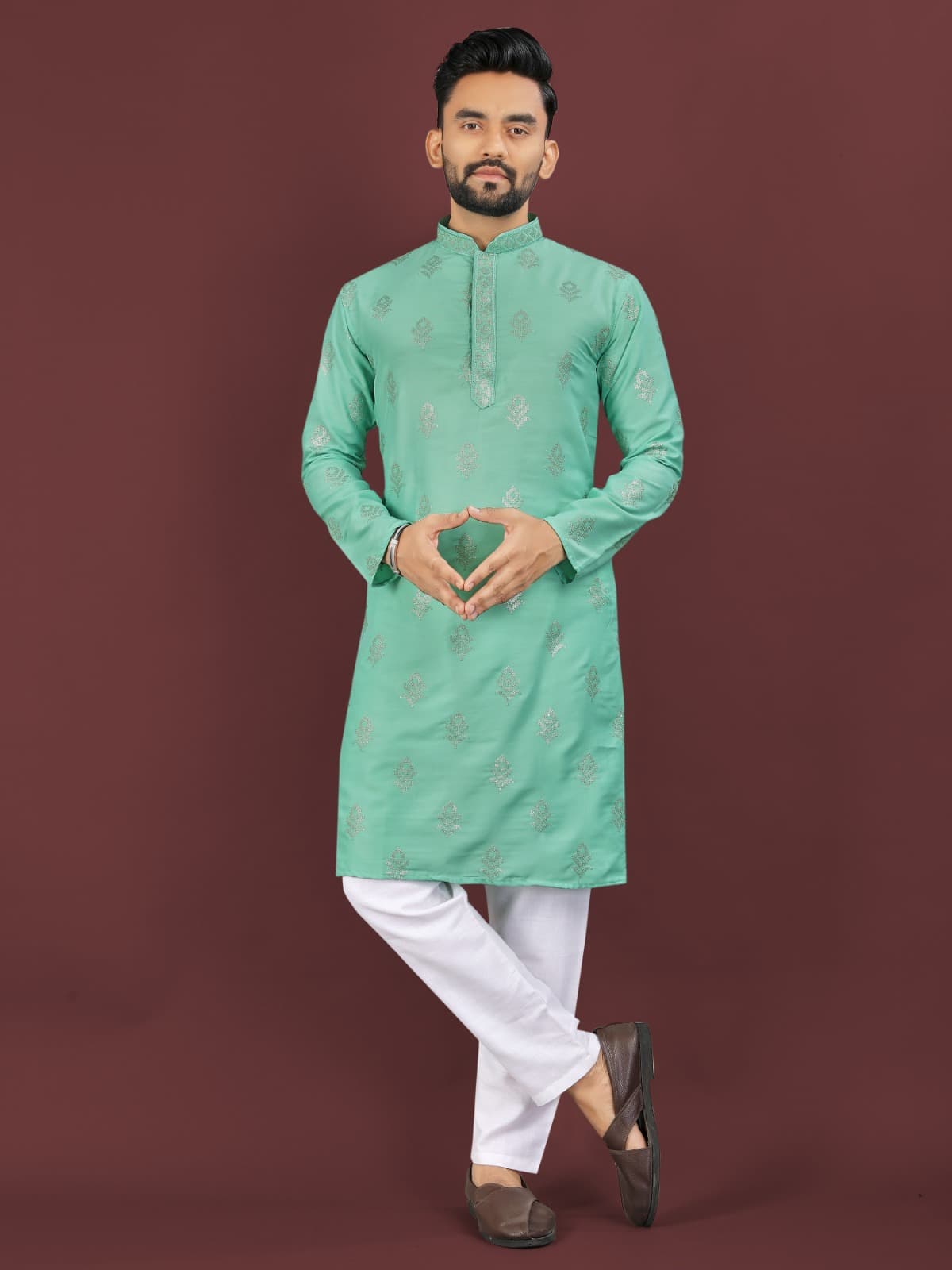 Mineral Green Viscose Silk Kurta Pajama – Sequins Embroidery Work