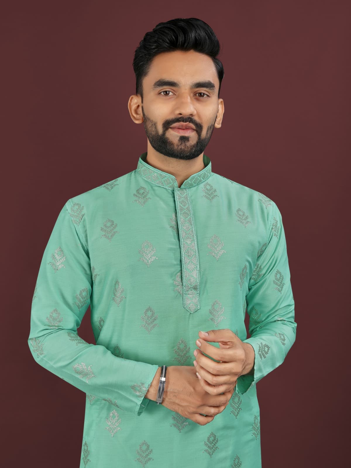 Mineral Green Viscose Silk Kurta Pajama – Sequins Embroidery Work