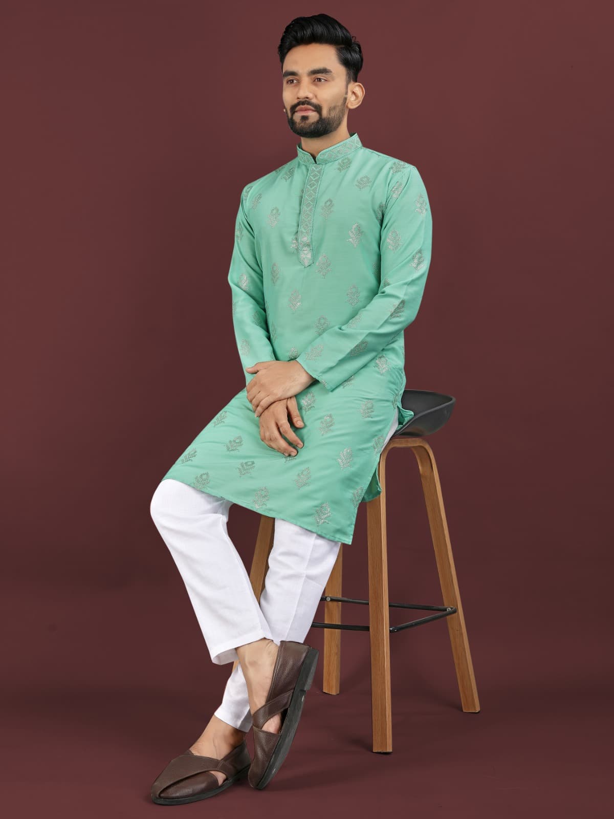 Mineral Green Viscose Silk Kurta Pajama – Sequins Embroidery Work