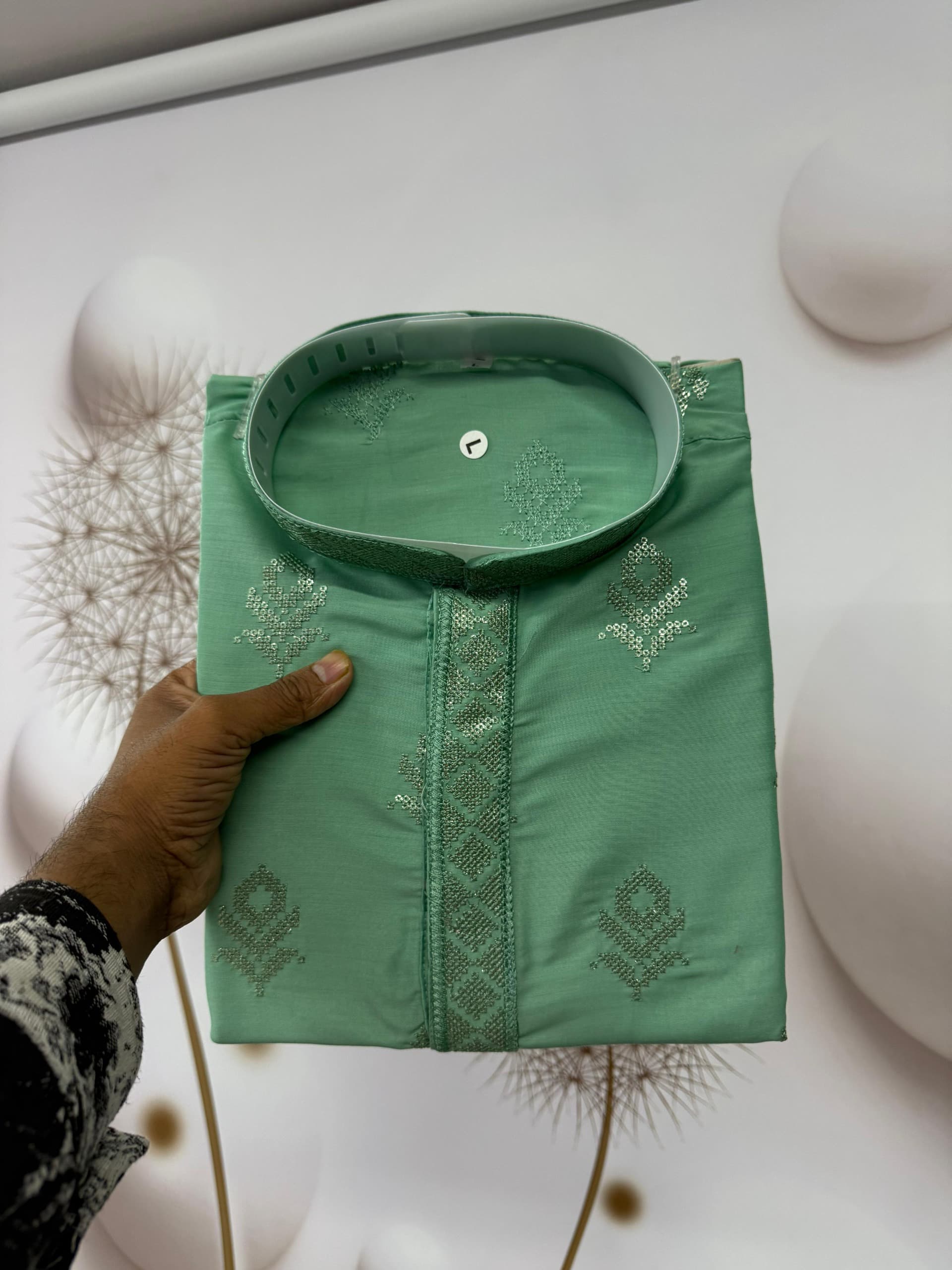 Mineral Green Viscose Silk Kurta Pajama – Sequins Embroidery Work