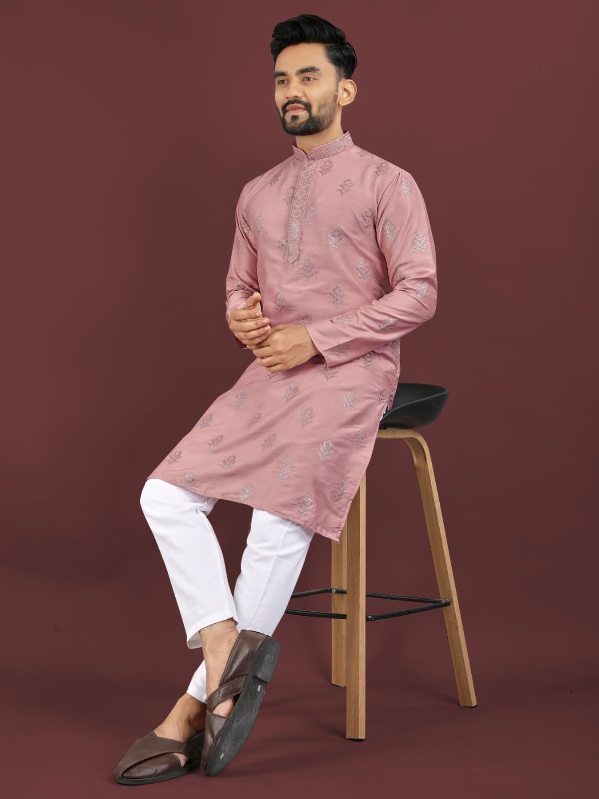 Dusky Rose Viscose Silk Kurta Pajama – Sequins Embroidery Work