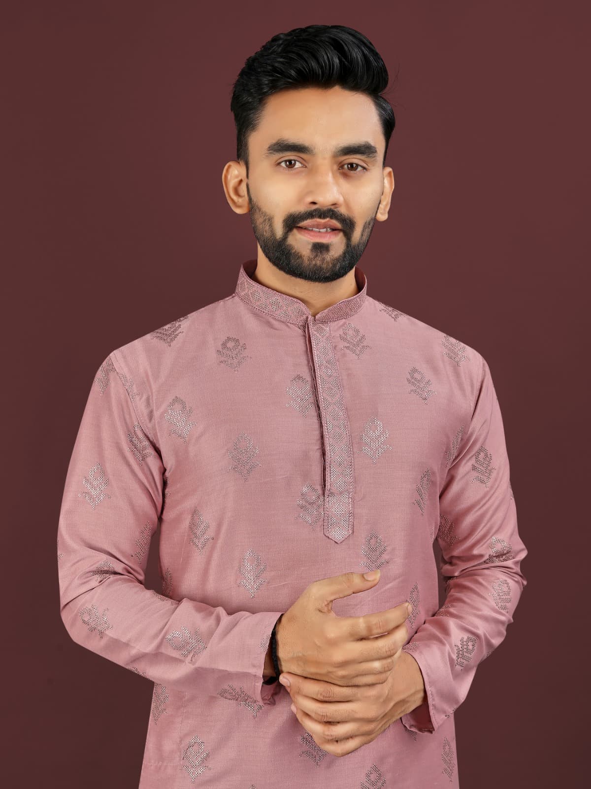 Dusky Rose Viscose Silk Kurta Pajama – Sequins Embroidery Work