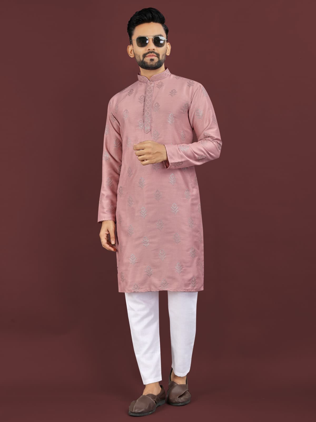 Dusky Rose Viscose Silk Kurta Pajama – Sequins Embroidery Work