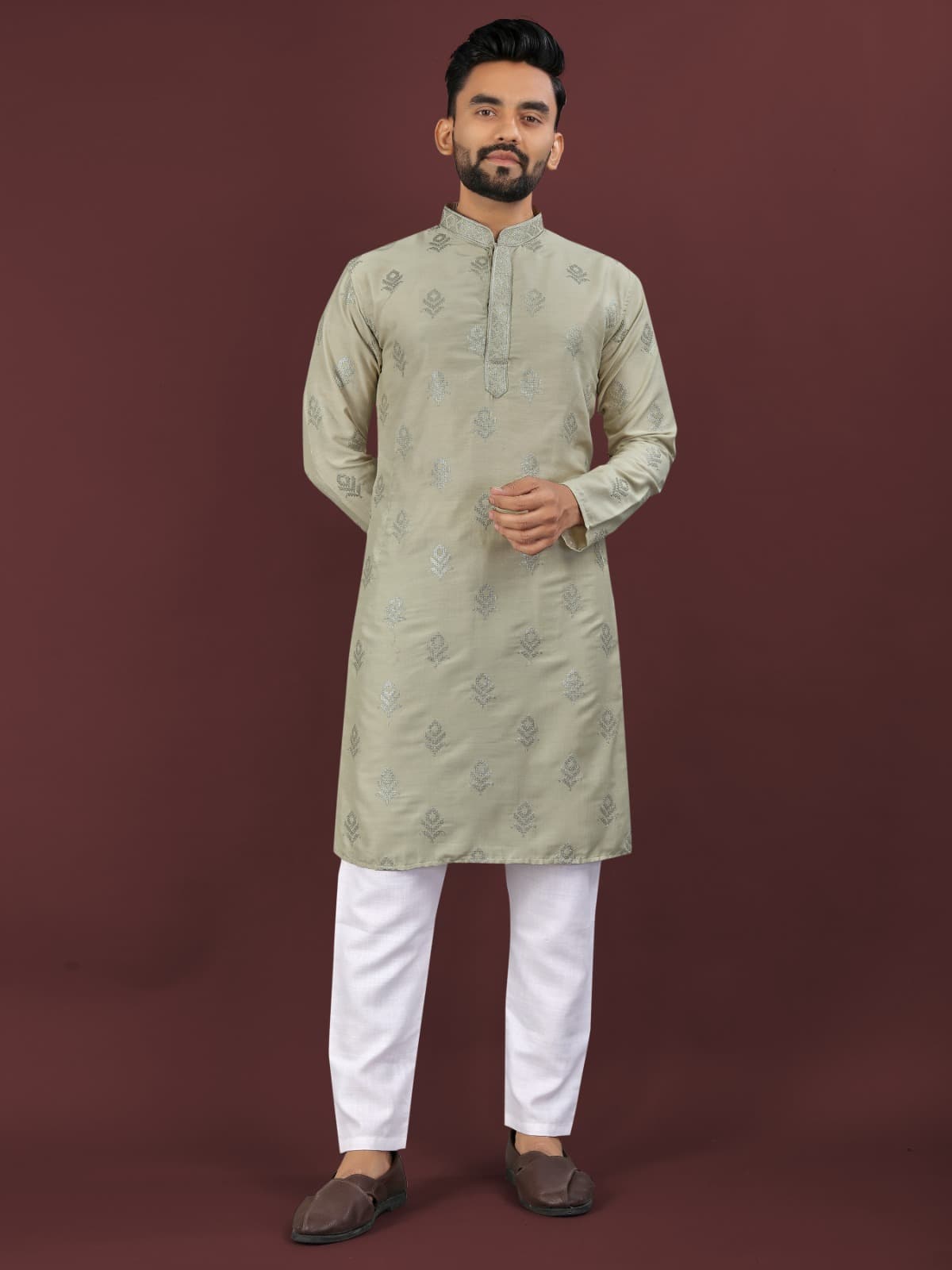 Grey Cloud Viscose Silk Kurta Pajama – Sequins Embroidery Work