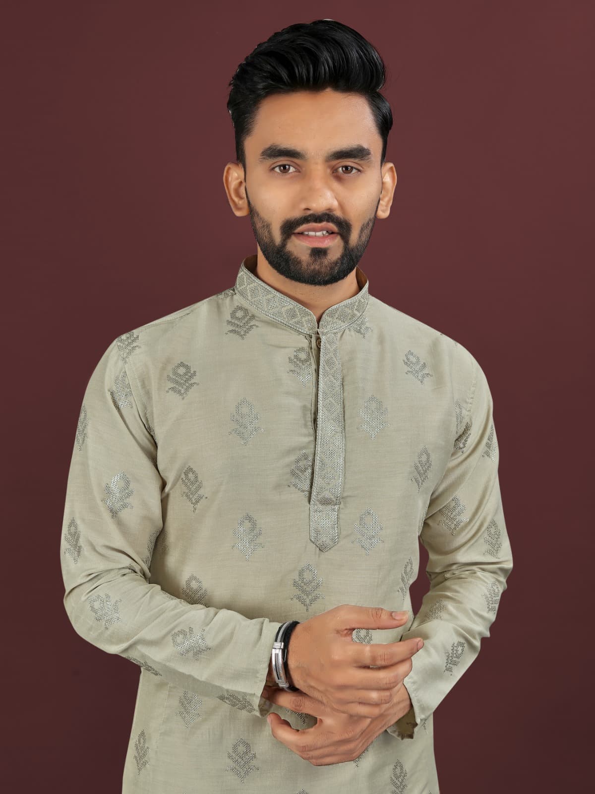 Grey Cloud Viscose Silk Kurta Pajama – Sequins Embroidery Work