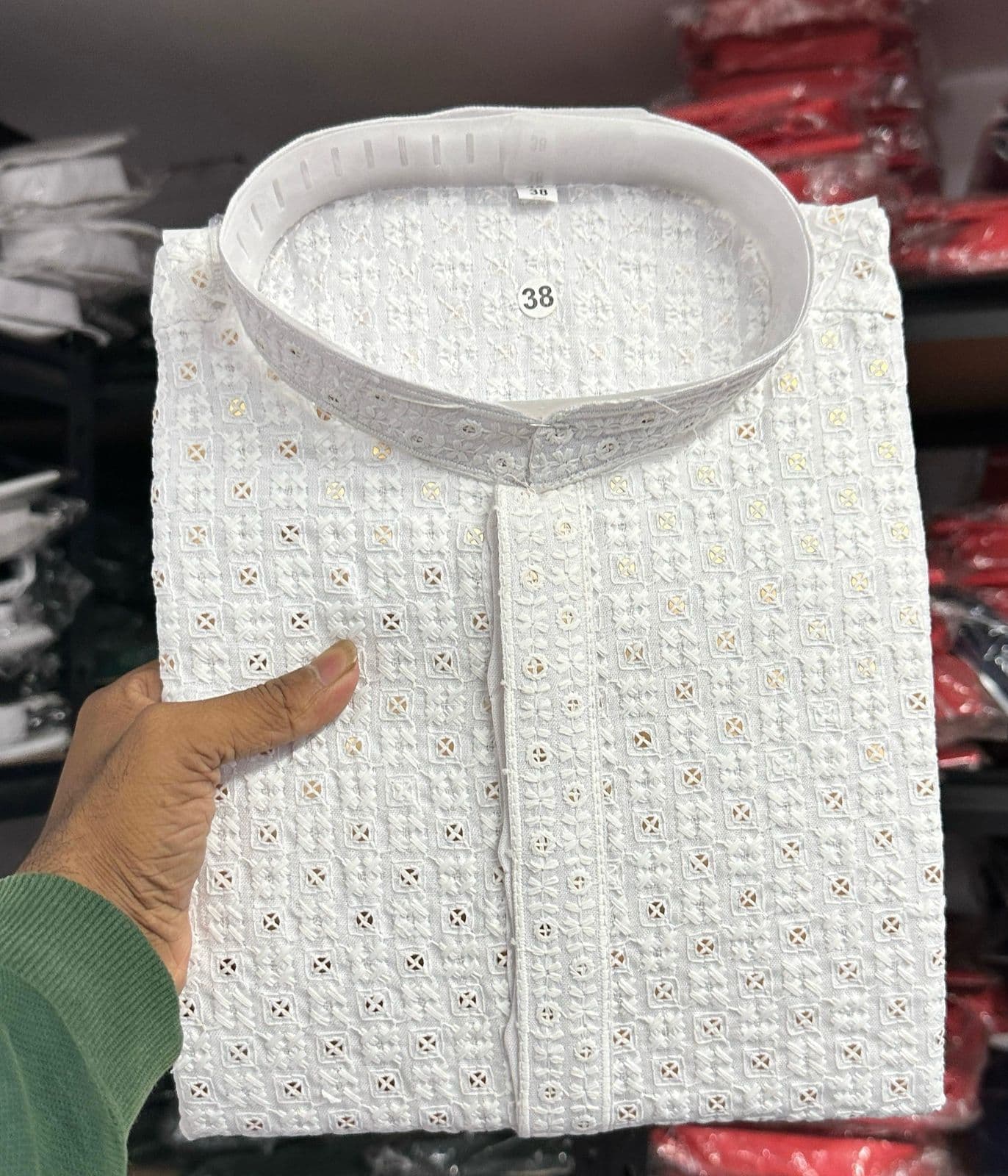 Men Chikankari Lucknowi Schifli Work Kurta Pajama Cotton Fabric