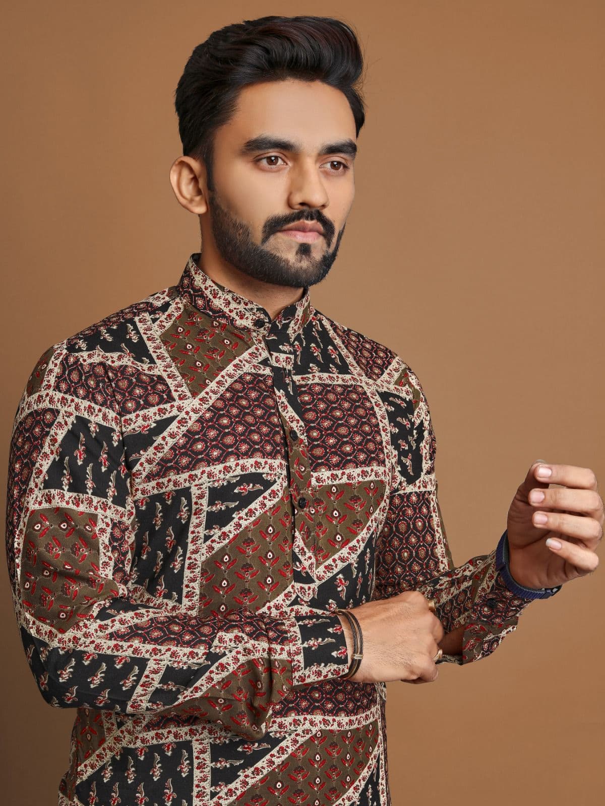 Premium Brown Foil Print Long Kurta with Pajama Option