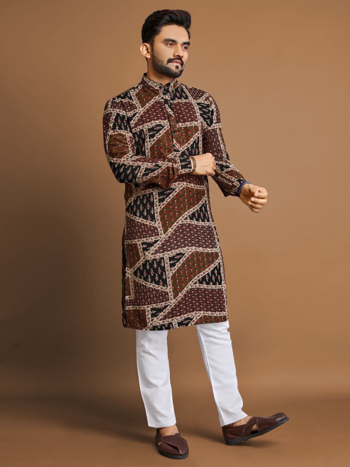 Premium Brown Foil Print Long Kurta with Pajama Option