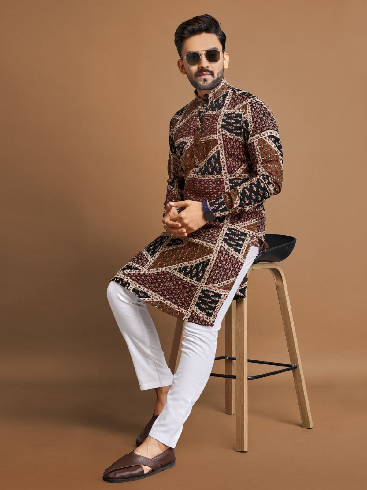 Premium Brown Foil Print Long Kurta with Pajama Option