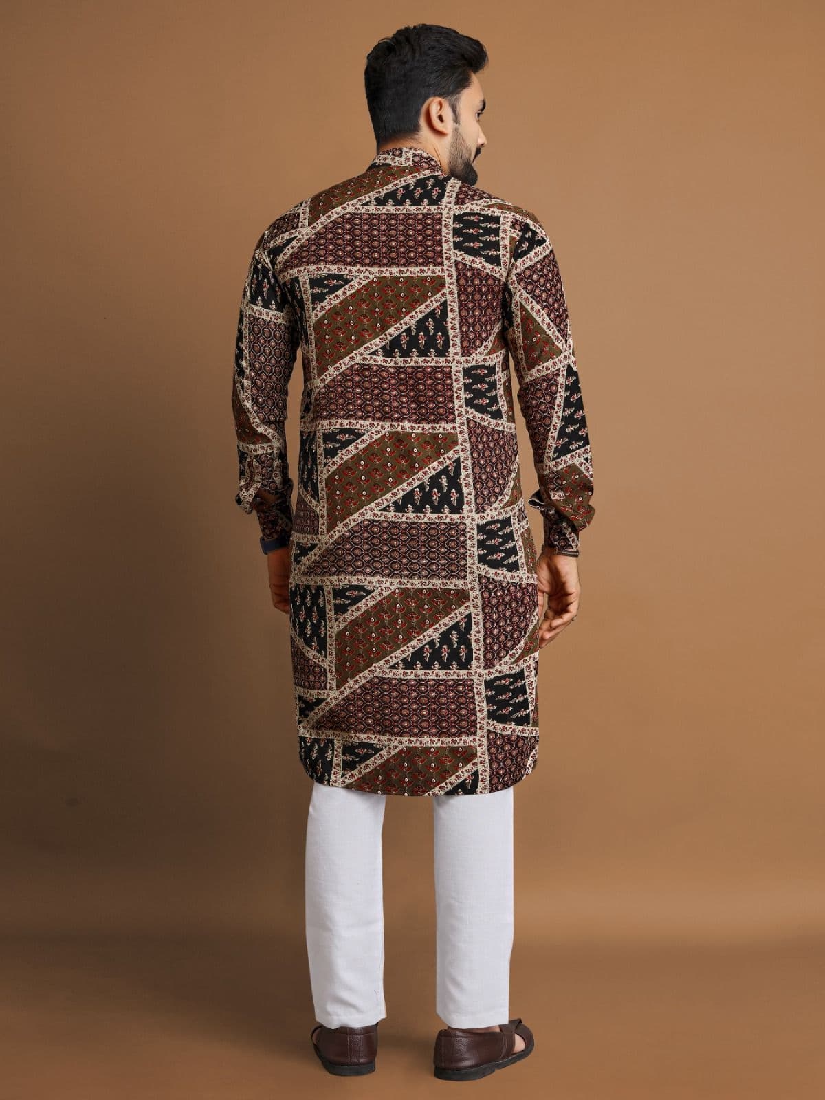 Premium Brown Foil Print Long Kurta with Pajama Option