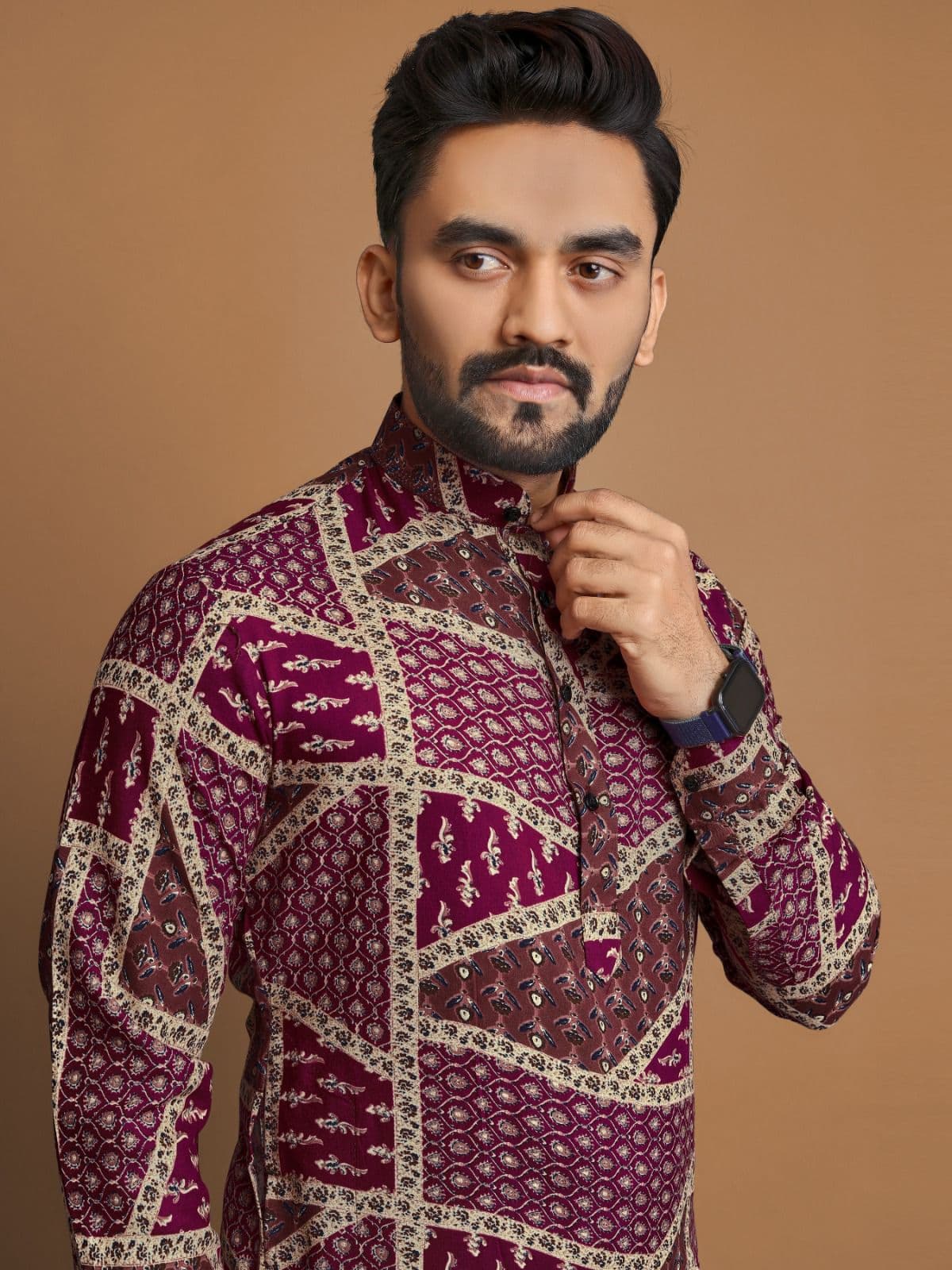 Premium Magenta Foil Print Long Kurta with Pajama Option