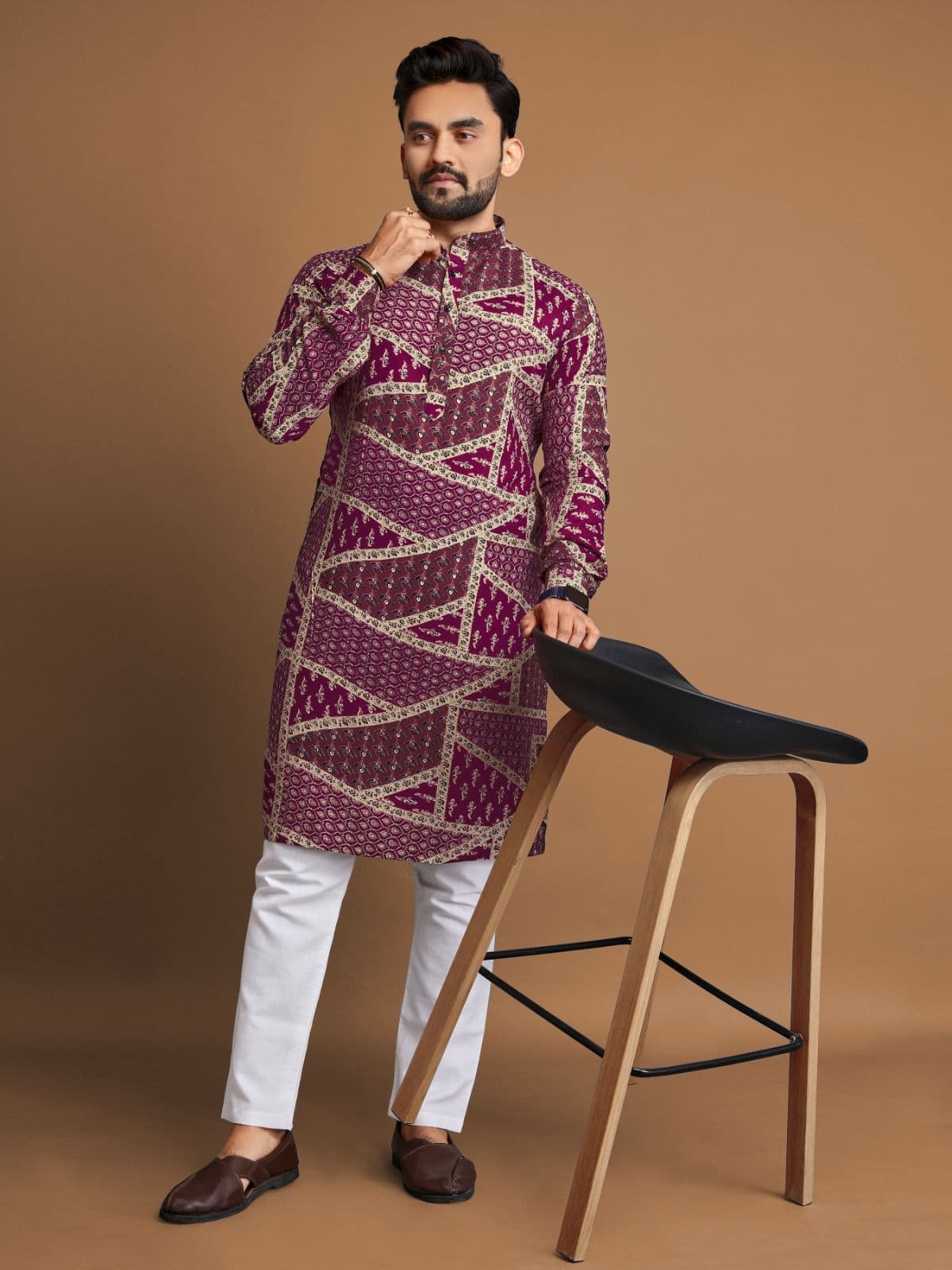 Premium Magenta Foil Print Long Kurta with Pajama Option
