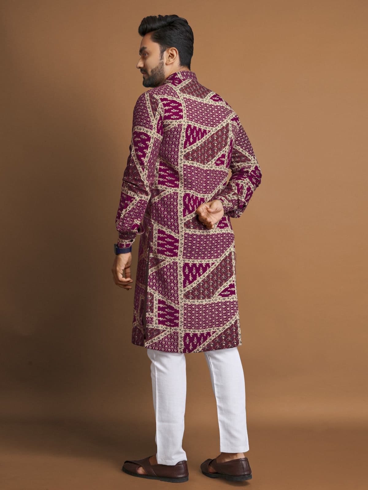 Premium Magenta Foil Print Long Kurta with Pajama Option