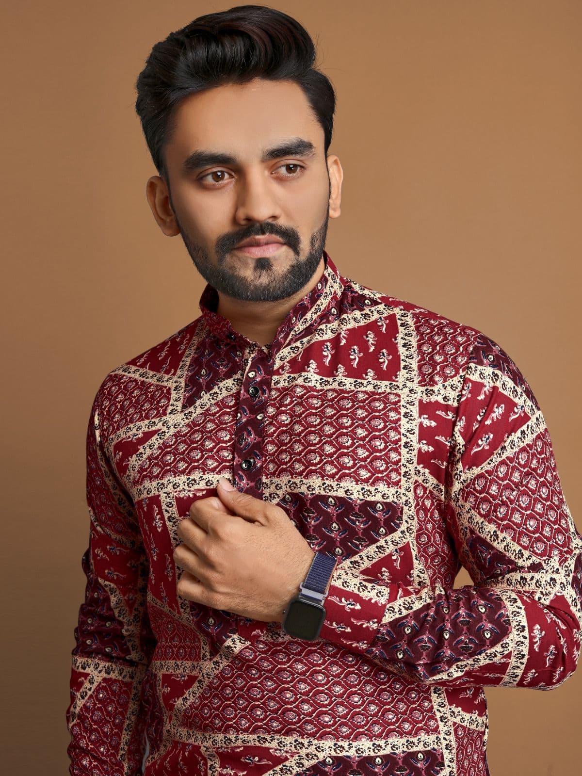 Premium Red Foil Print Long Kurta with Pajama Option