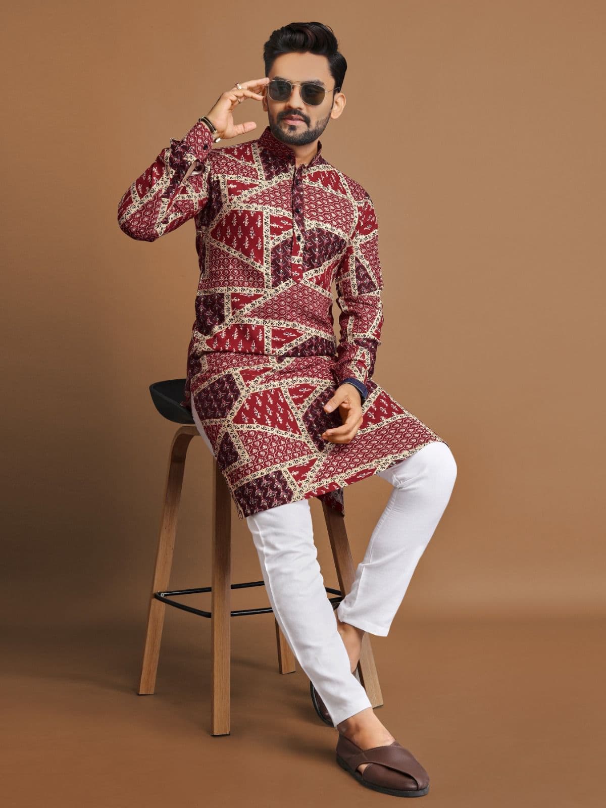 Premium Red Foil Print Long Kurta with Pajama Option