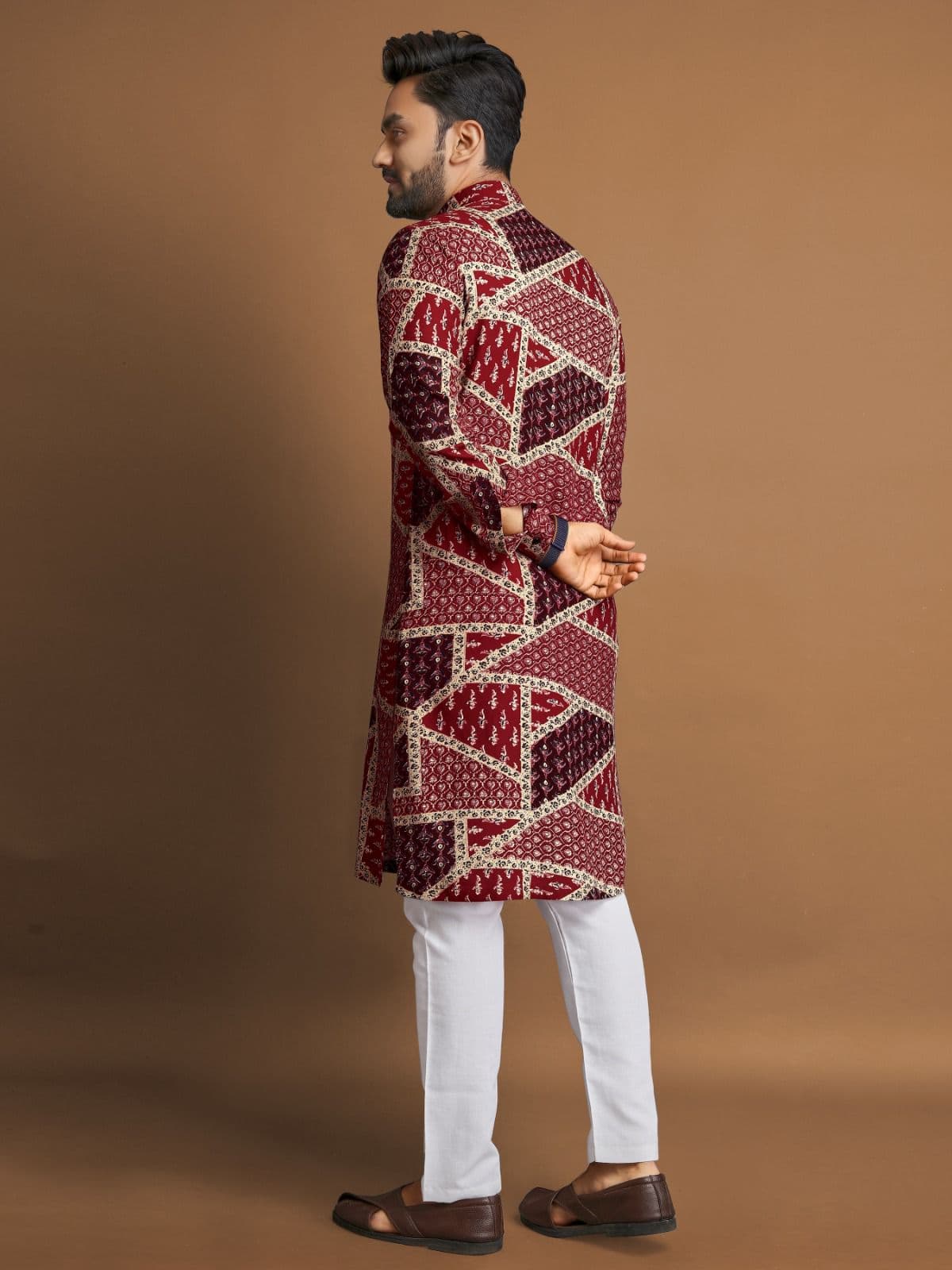 Premium Red Foil Print Long Kurta with Pajama Option