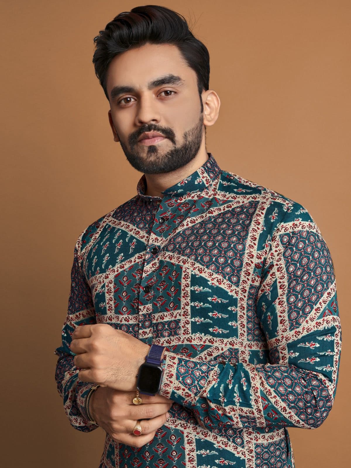 Premium Navy Blue Foil Print Long Kurta with Pajama Option