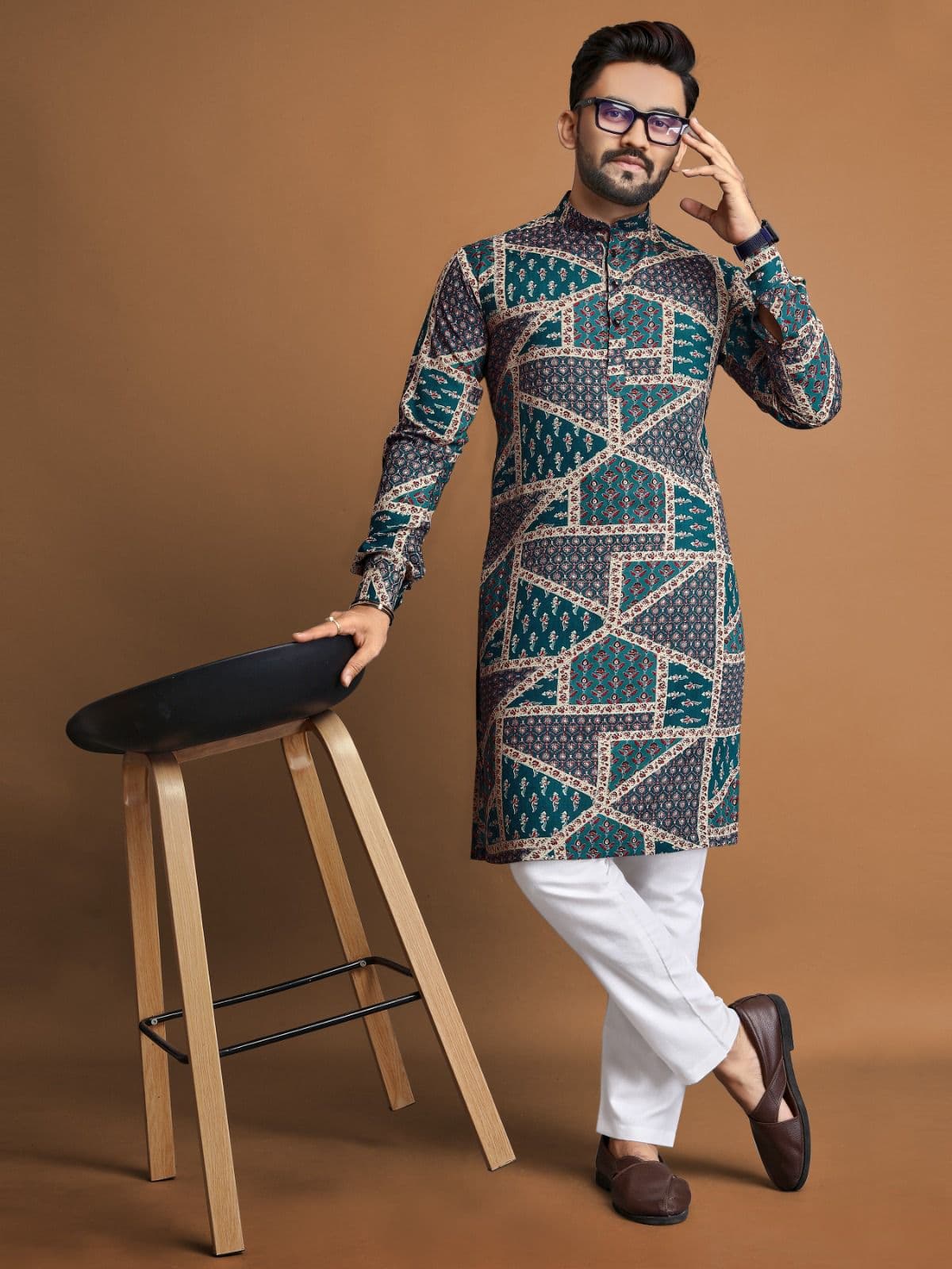Premium Navy Blue Foil Print Long Kurta with Pajama Option