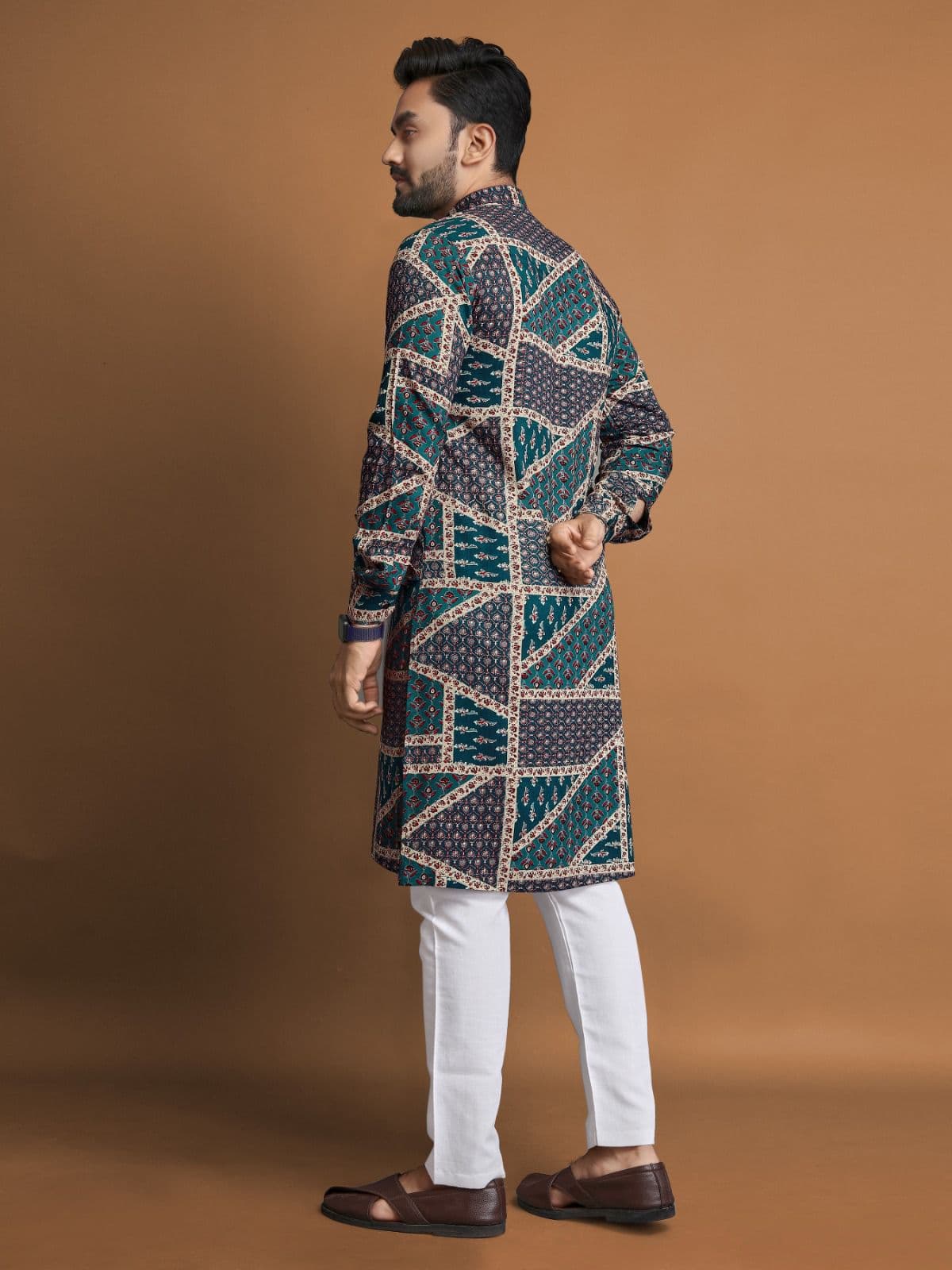 Premium Navy Blue Foil Print Long Kurta with Pajama Option