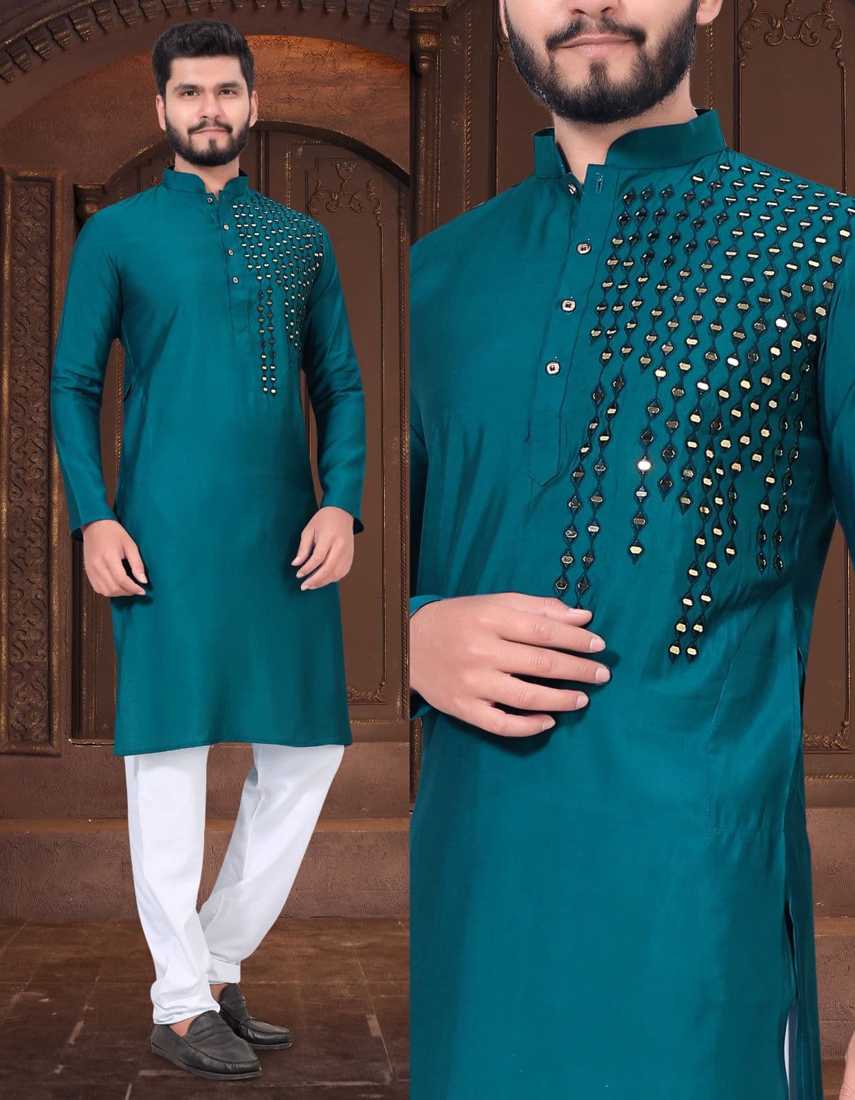 Original Mirror Work Navy Blue Premium Viscose Kurta with Pajama Option