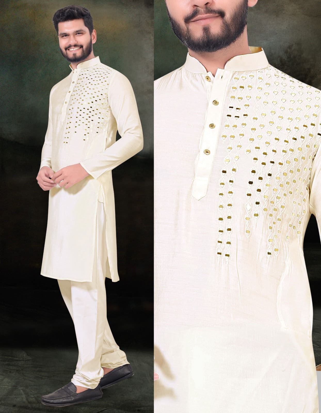 Original Mirror Work White Premium Viscose Kurta with Pajama Option