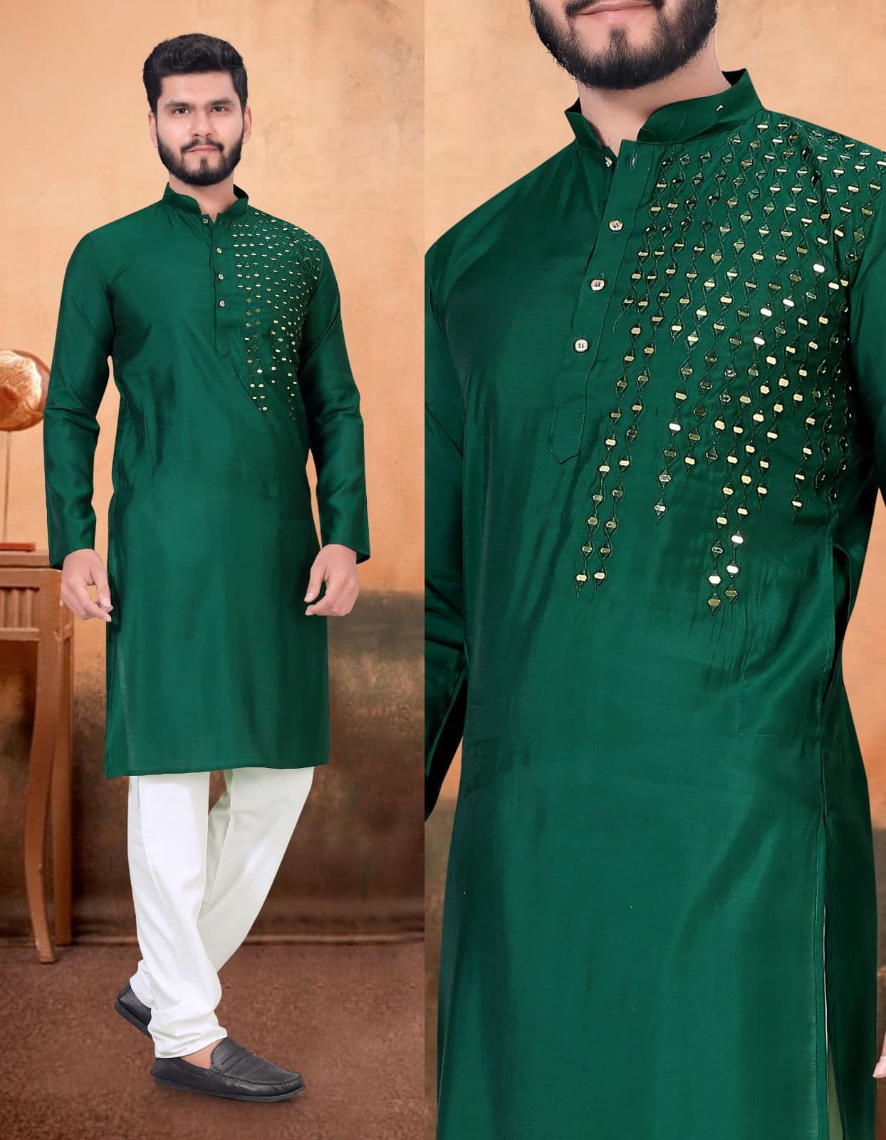 Original Mirror Work Mineral Green Premium Viscose Kurta with Pajama Option