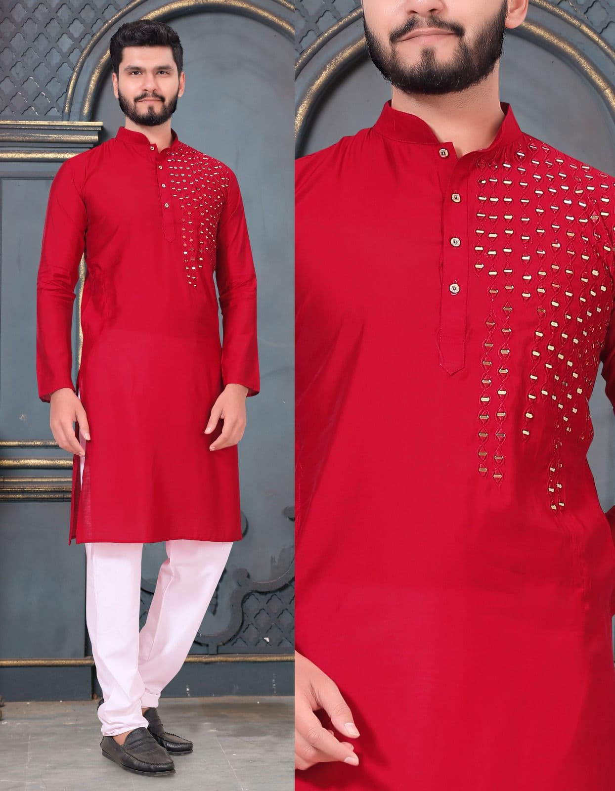 Original Mirror Work Red Premium Viscose Kurta with Pajama Option