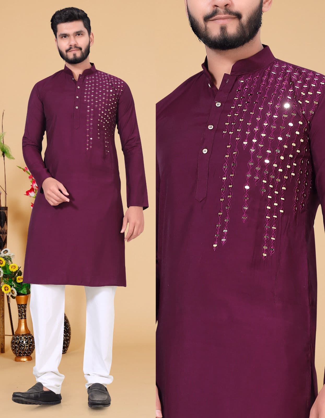 Original Mirror Work Purple Premium Viscose Kurta with Pajama Option