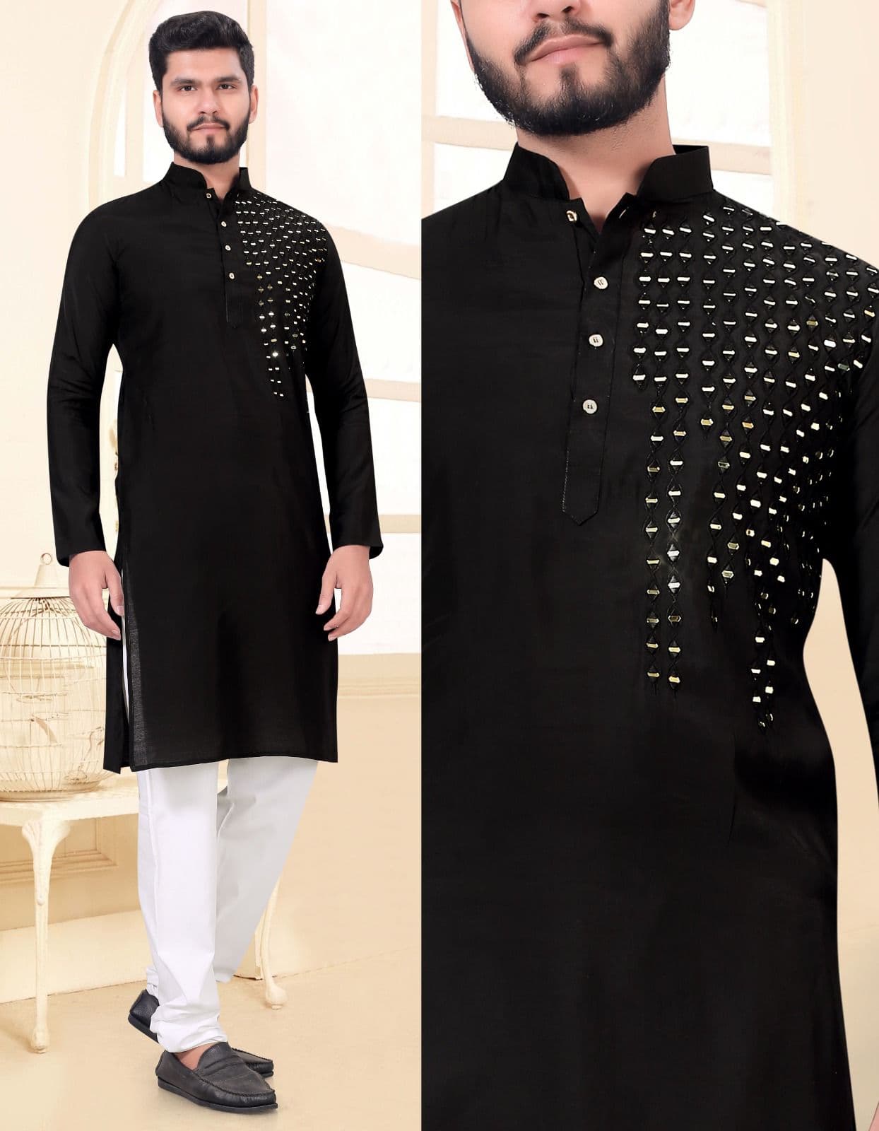 Original Mirror Work Mineral Green Premium Viscose Kurta with Pajama Option