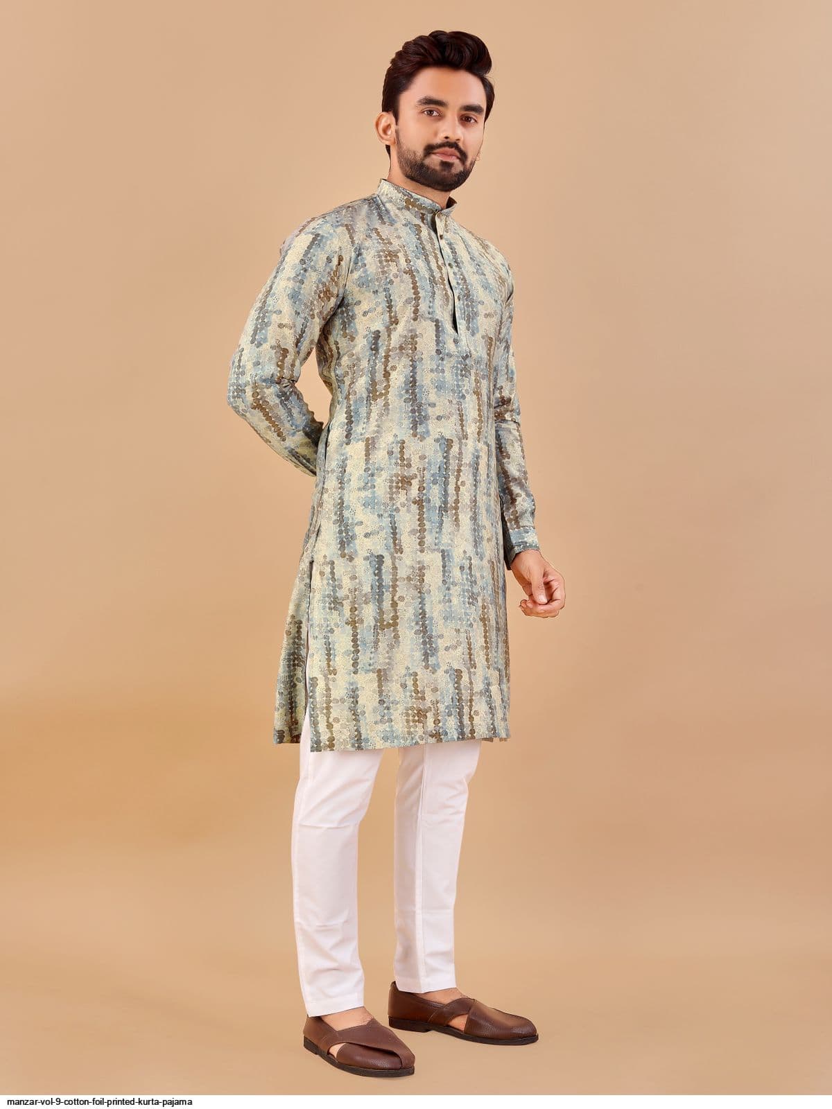 Multicolour Foil Print Cotton Long Kurta with Pajama Option