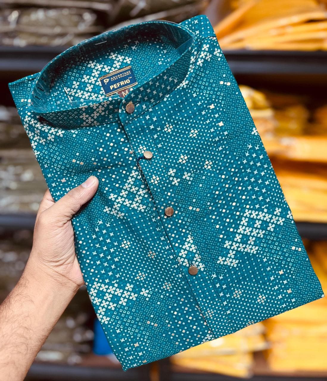 Teal Blue Premium Soft Cotton Foil Print Long Kurta with Pajama Option