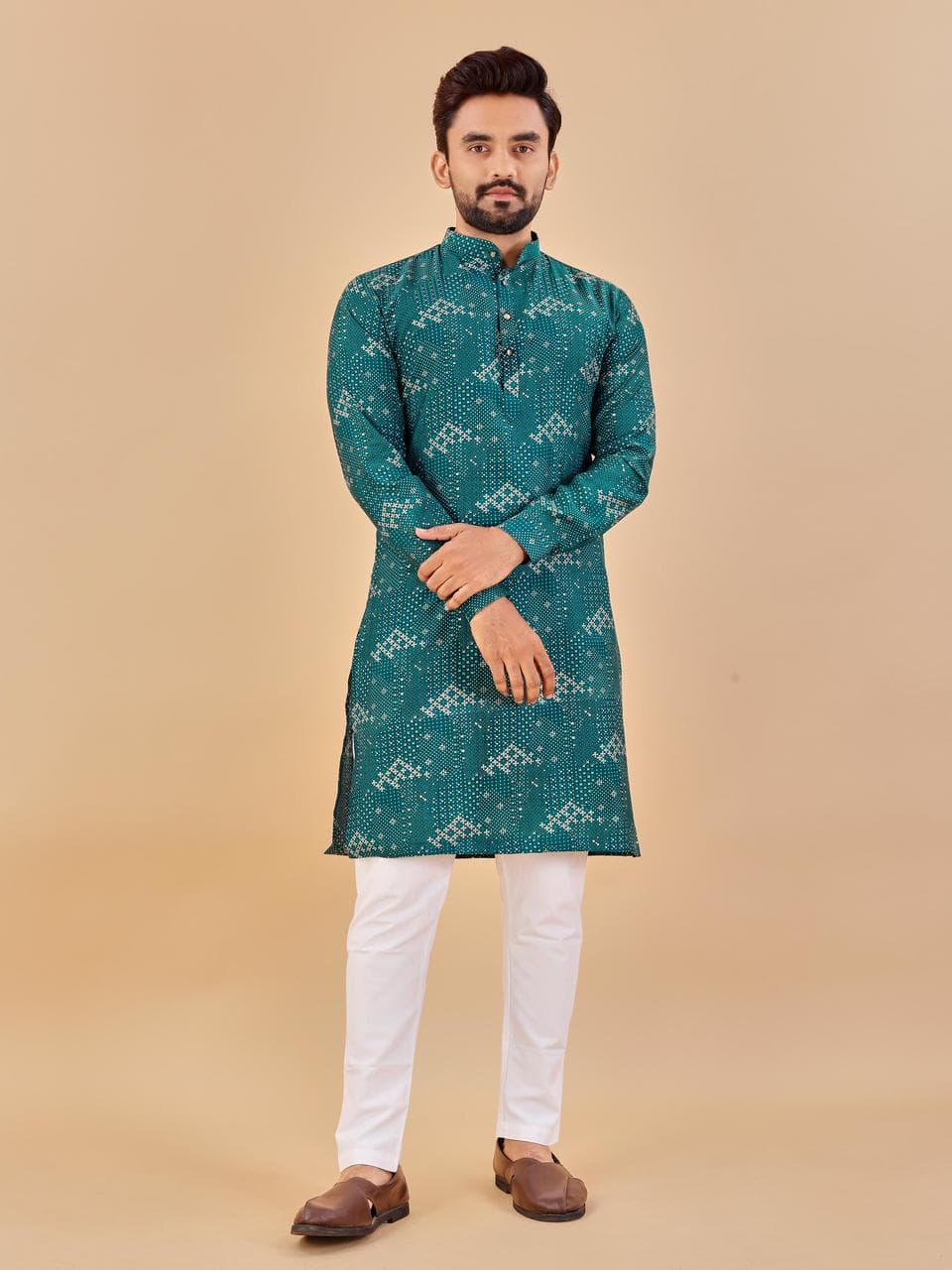 Teal Blue Premium Soft Cotton Foil Print Long Kurta with Pajama Option