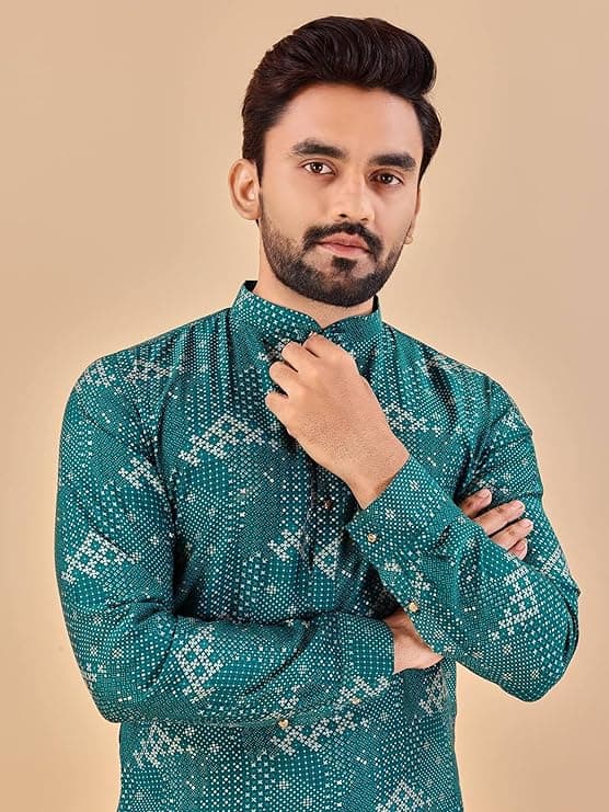 Teal Blue Premium Soft Cotton Foil Print Long Kurta with Pajama Option