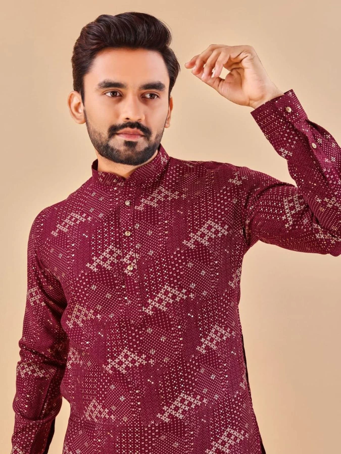Maroon Premium Soft Cotton Foil Print Long Kurta with Pajama Option