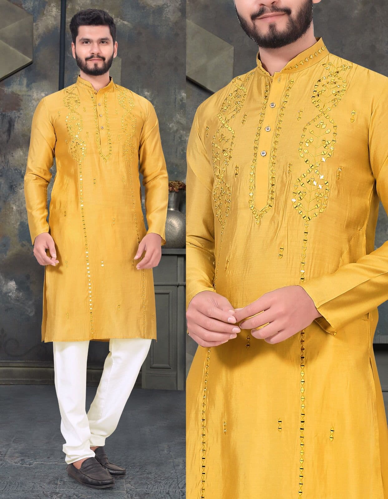 Yellow Premium Viscose Kurta with Mirror Work Design