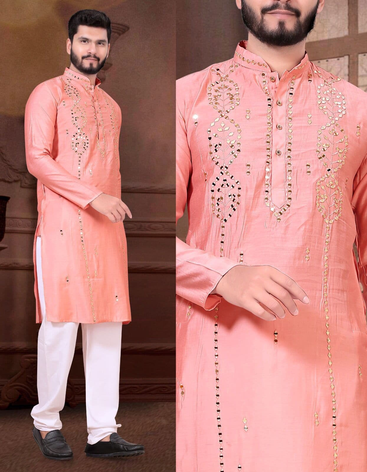 Peach Premium Viscose Kurta with Mirror Work Design