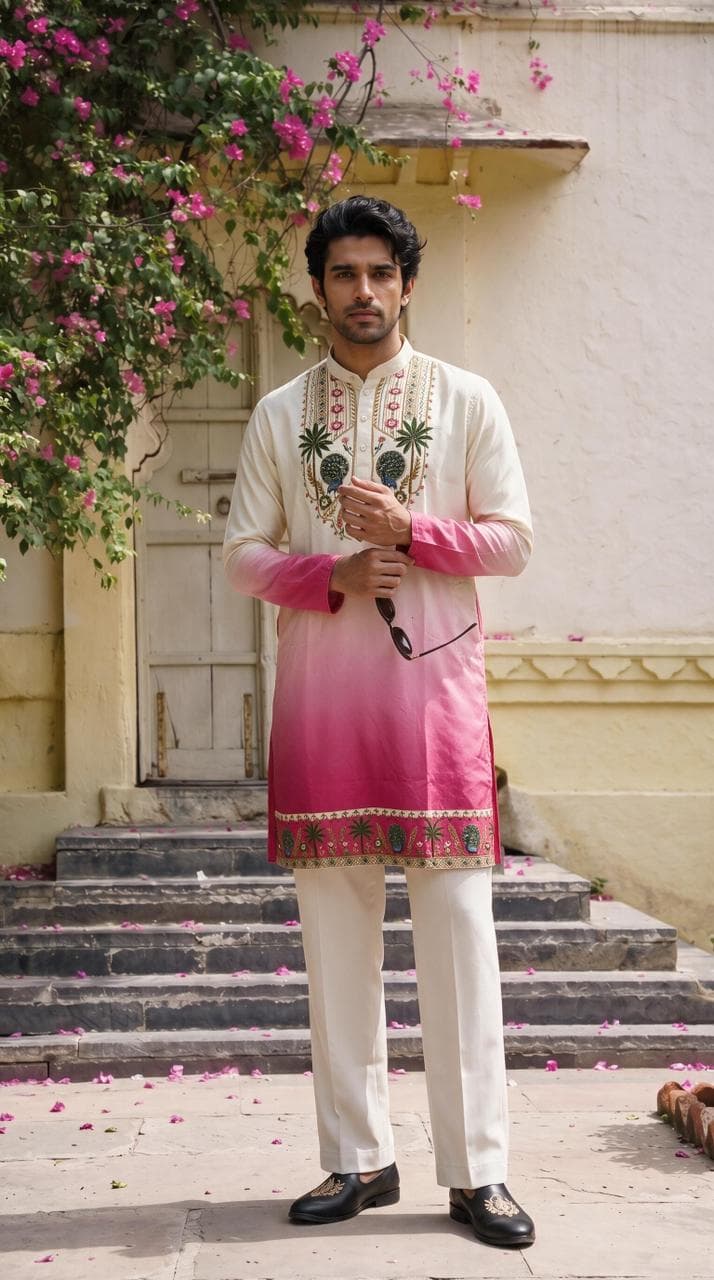 Off-White & Rani Pink Shrinathji Digital Shading Kurta with Diamond Work