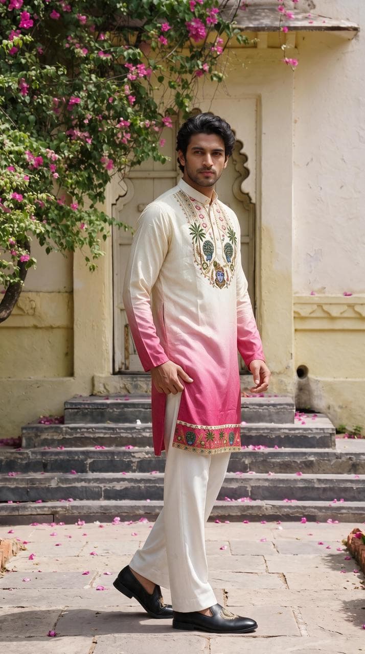 Off-White & Rani Pink Shrinathji Digital Shading Kurta with Diamond Work