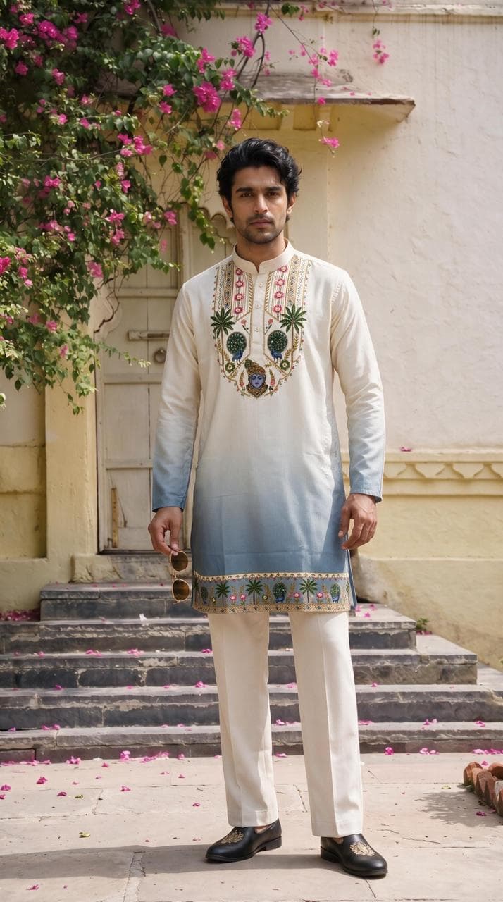 Off-White & Slate Blue Shrinathji Digital Shading Kurta with Diamond Work