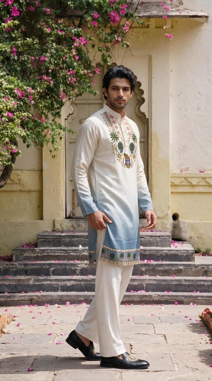 Off-White & Slate Blue Shrinathji Digital Shading Kurta with Diamond Work